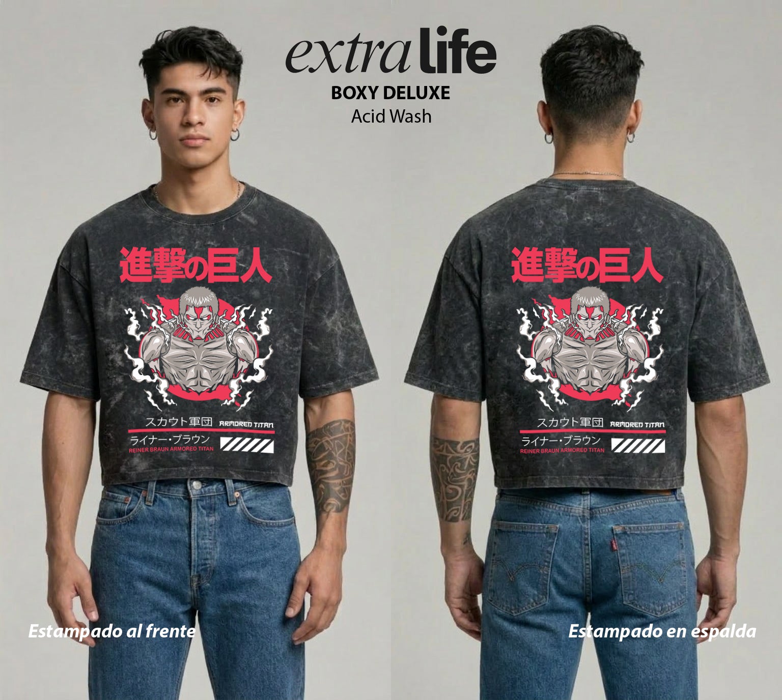 Playera streetwear premium de anime y gaming ExtraLife MX, corte boxy deluxe mineral wash heavyweight en color Acid Wash, moda urbana mexicana de culto.