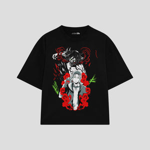Playera streetwear premium de anime y gaming ExtraLife MX, corte boxy oversized drop shoulder heavyweight en color Deep Black y Off-White, moda urbana mexicana de culto.