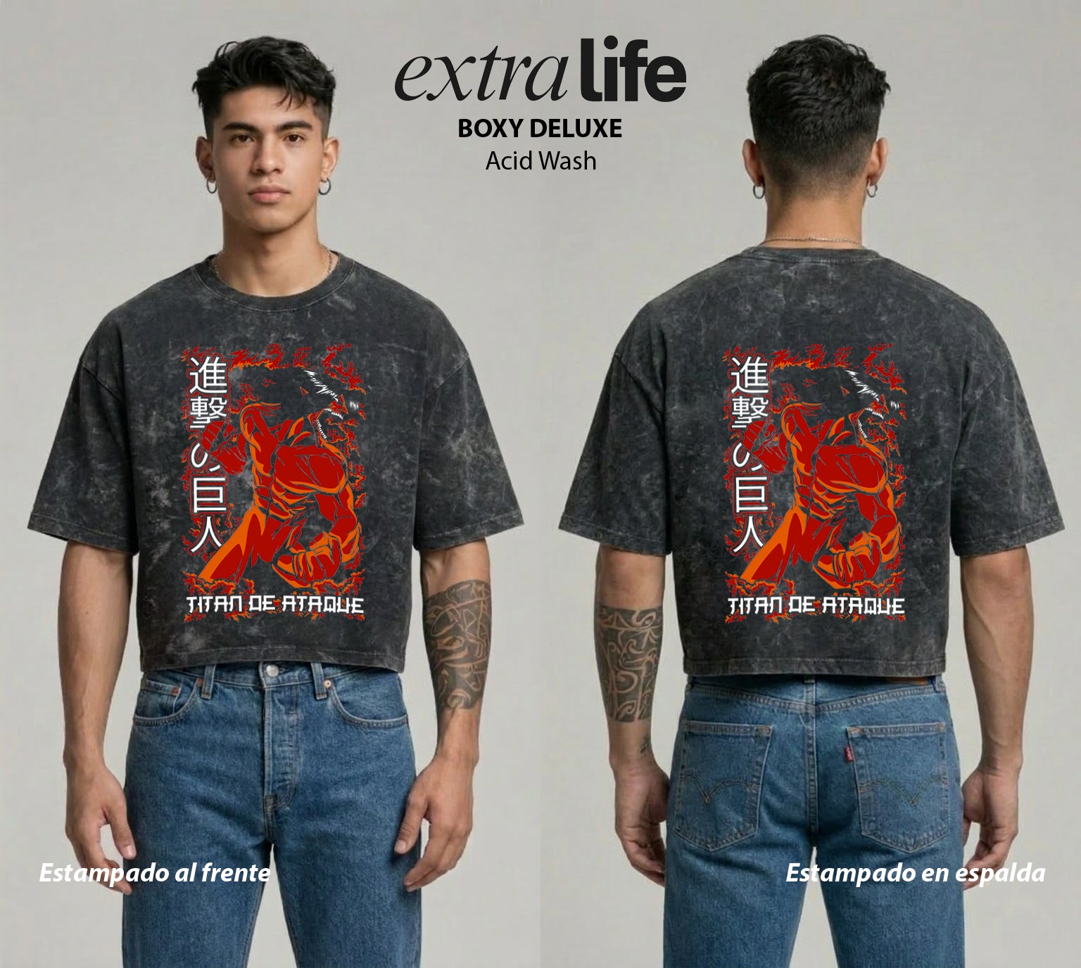 Playera streetwear premium de anime y gaming ExtraLife MX, corte boxy deluxe mineral wash heavyweight en color Acid Wash, moda urbana mexicana de culto.