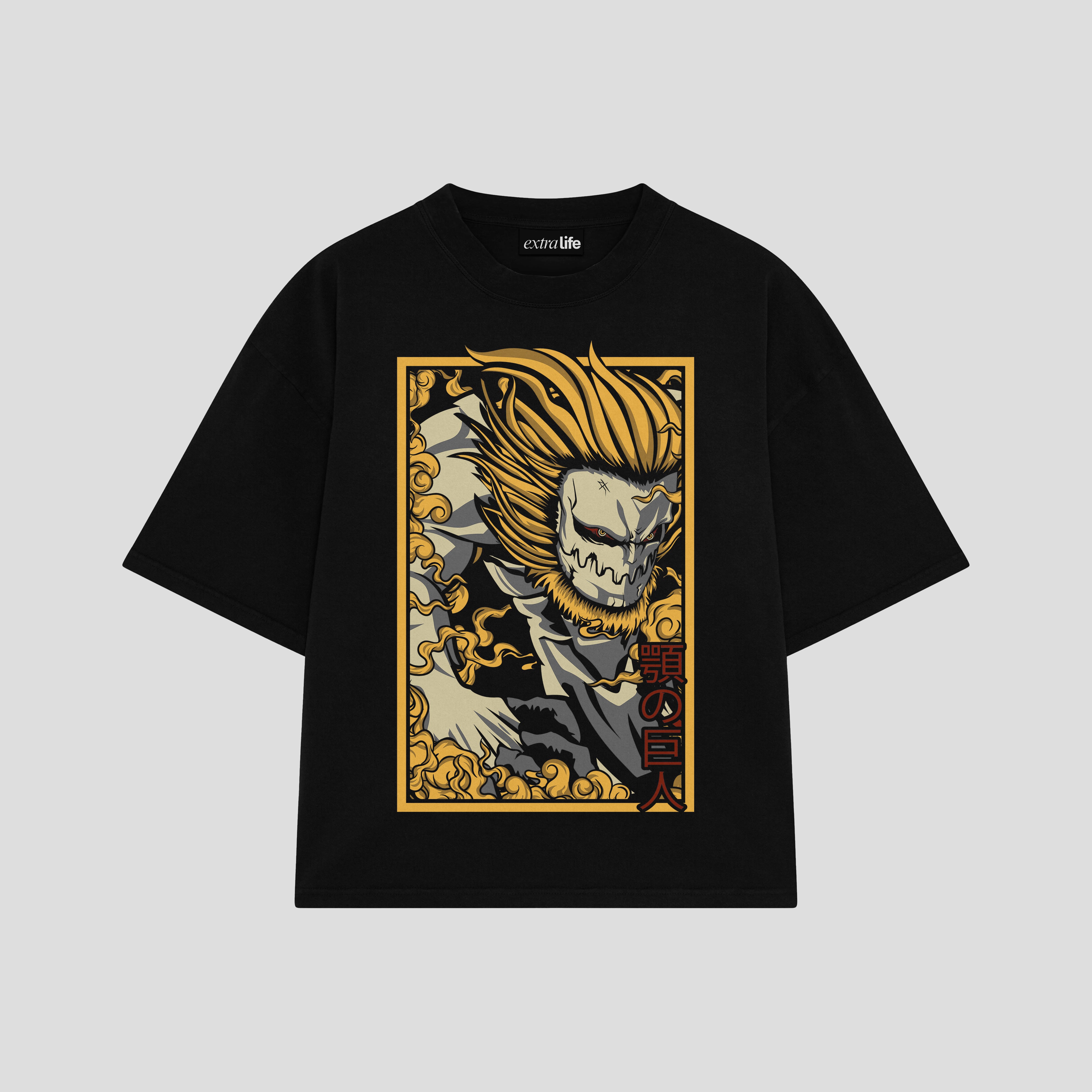 Playera streetwear premium de anime y gaming ExtraLife MX, corte boxy oversized drop shoulder heavyweight en color Deep Black y Off-White, moda urbana mexicana de culto.