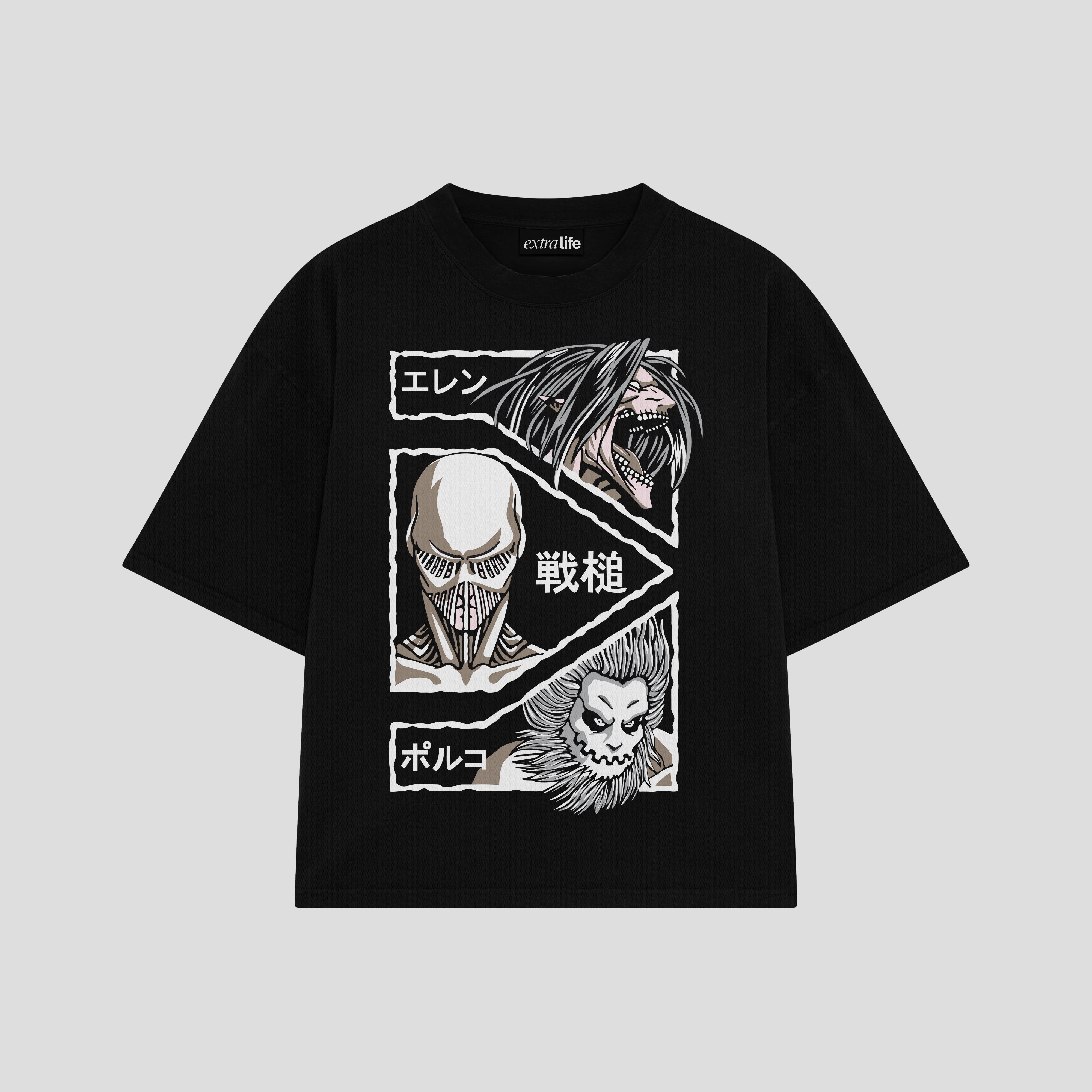 Playera streetwear premium de anime y gaming ExtraLife MX, corte boxy oversized drop shoulder heavyweight en color Deep Black y Off-White, moda urbana mexicana de culto.