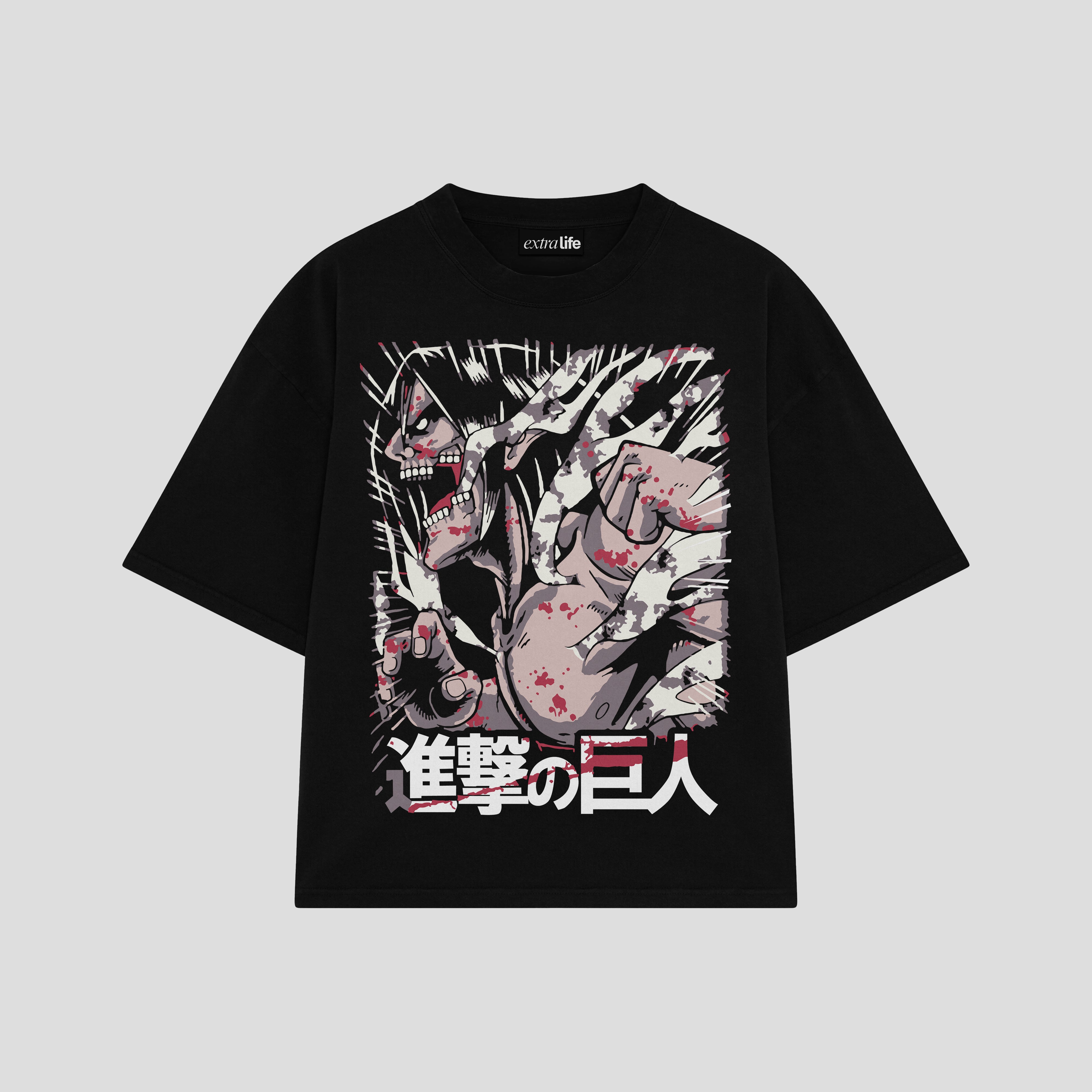 Playera streetwear premium de anime y gaming ExtraLife MX, corte boxy oversized drop shoulder heavyweight en color Deep Black y Off-White, moda urbana mexicana de culto.