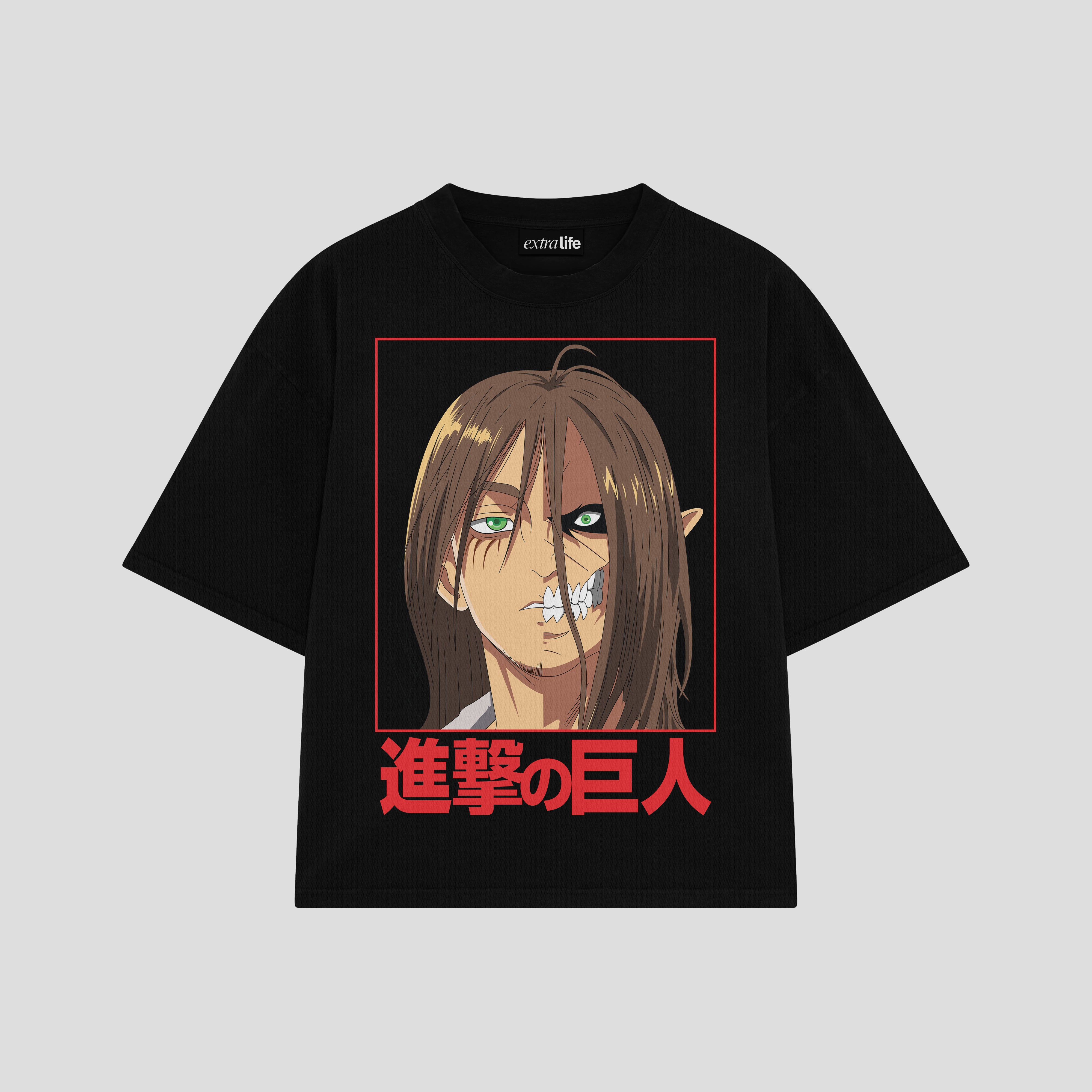 Playera streetwear premium de anime y gaming ExtraLife MX, corte boxy oversized drop shoulder heavyweight en color Deep Black y Off-White, moda urbana mexicana de culto.