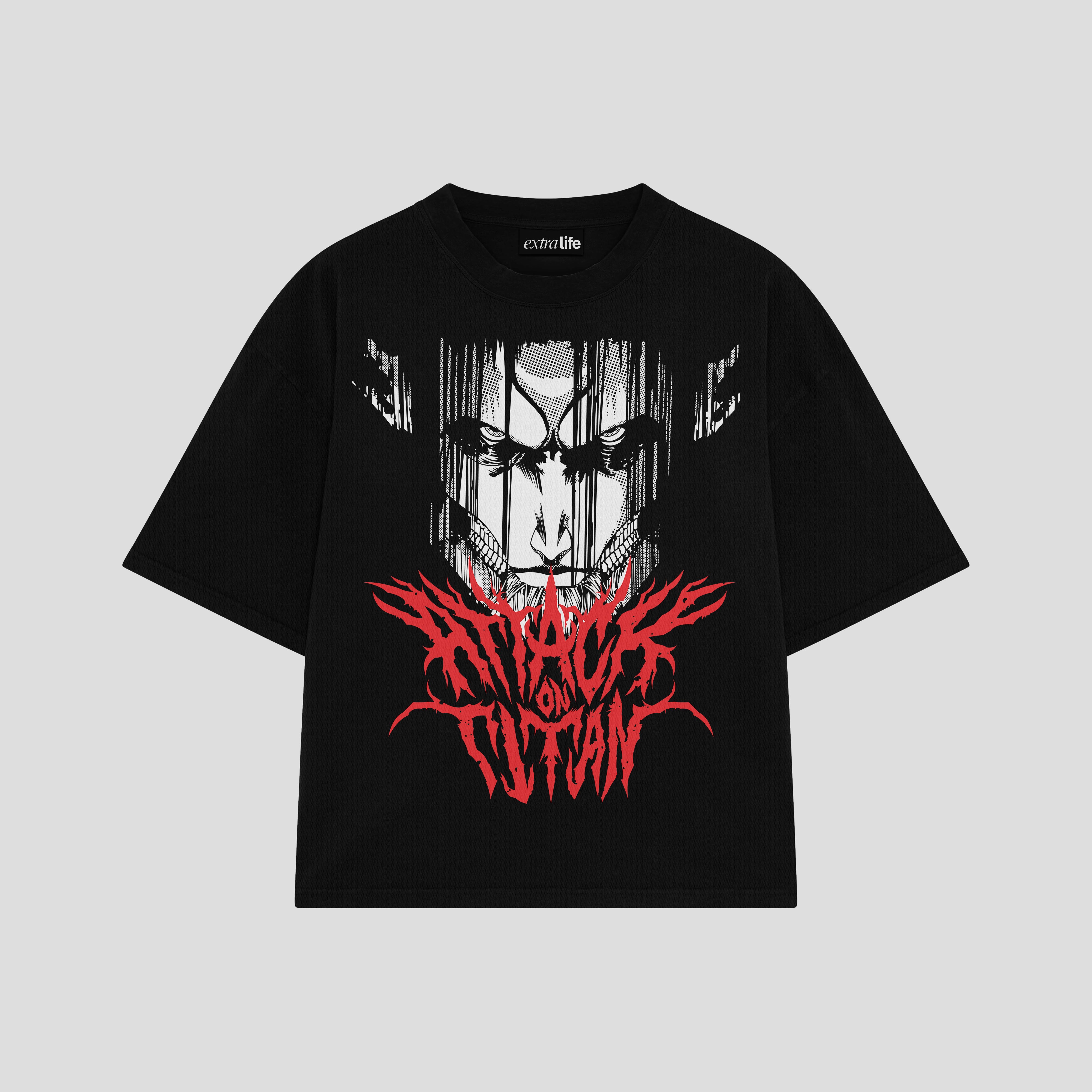 Playera streetwear premium de anime y gaming ExtraLife MX, corte boxy oversized drop shoulder heavyweight en color Deep Black y Off-White, moda urbana mexicana de culto.