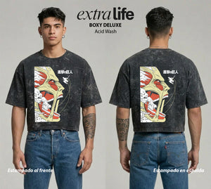 Playera streetwear premium de anime y gaming ExtraLife MX, corte boxy deluxe mineral wash heavyweight en color Acid Wash, moda urbana mexicana de culto.