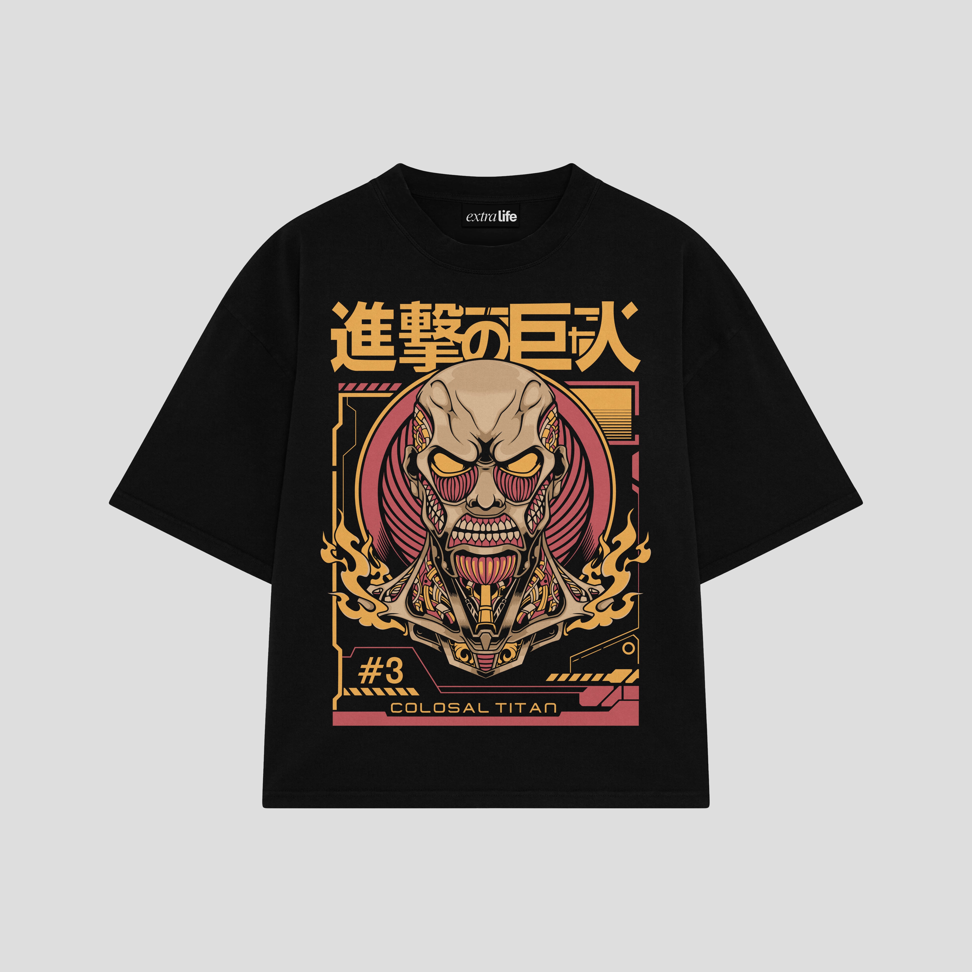 Playera streetwear premium de anime y gaming ExtraLife MX, corte boxy oversized drop shoulder heavyweight en color Deep Black y Off-White, moda urbana mexicana de culto.