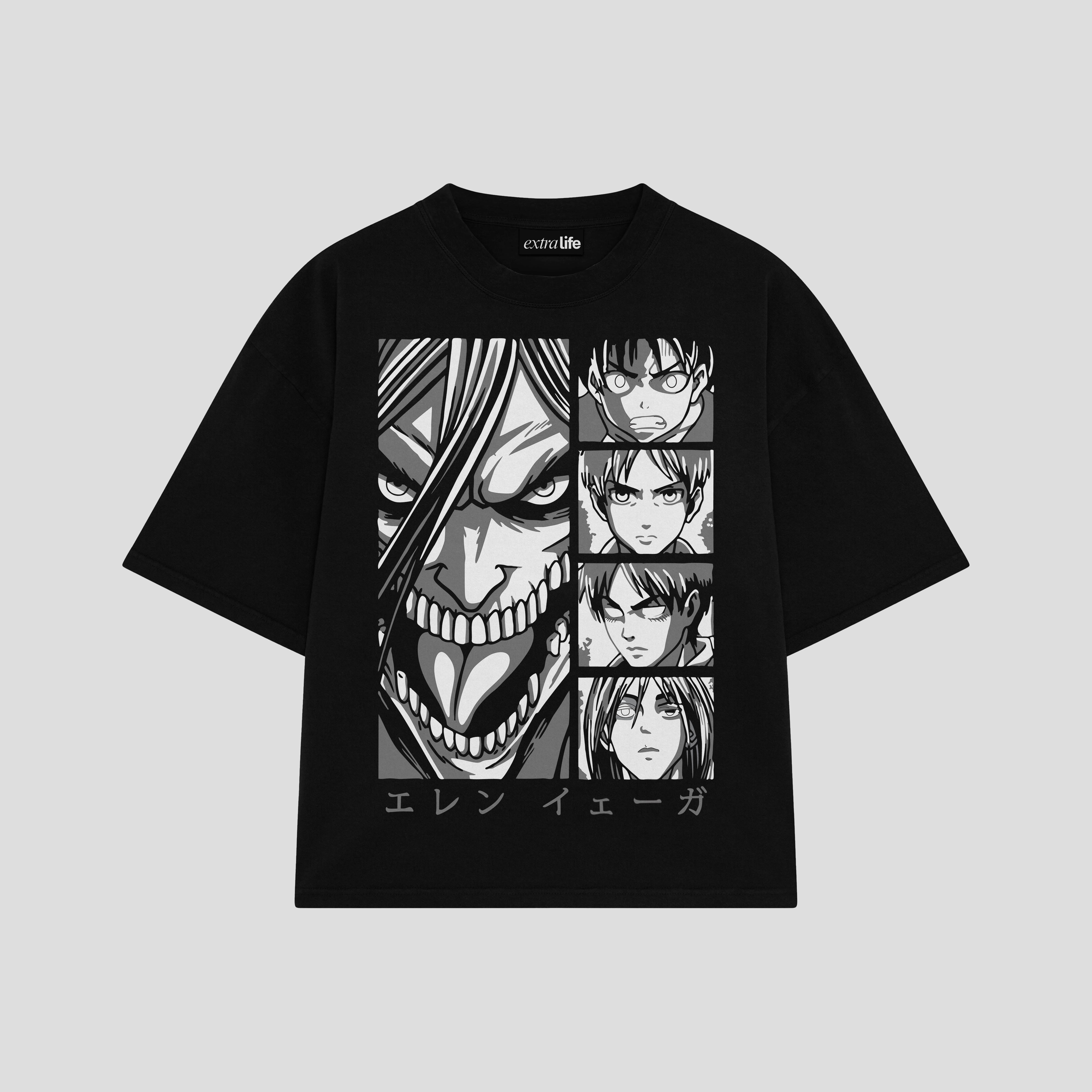 Playera streetwear premium de anime y gaming ExtraLife MX, corte boxy oversized drop shoulder heavyweight en color Deep Black y Off-White, moda urbana mexicana de culto.