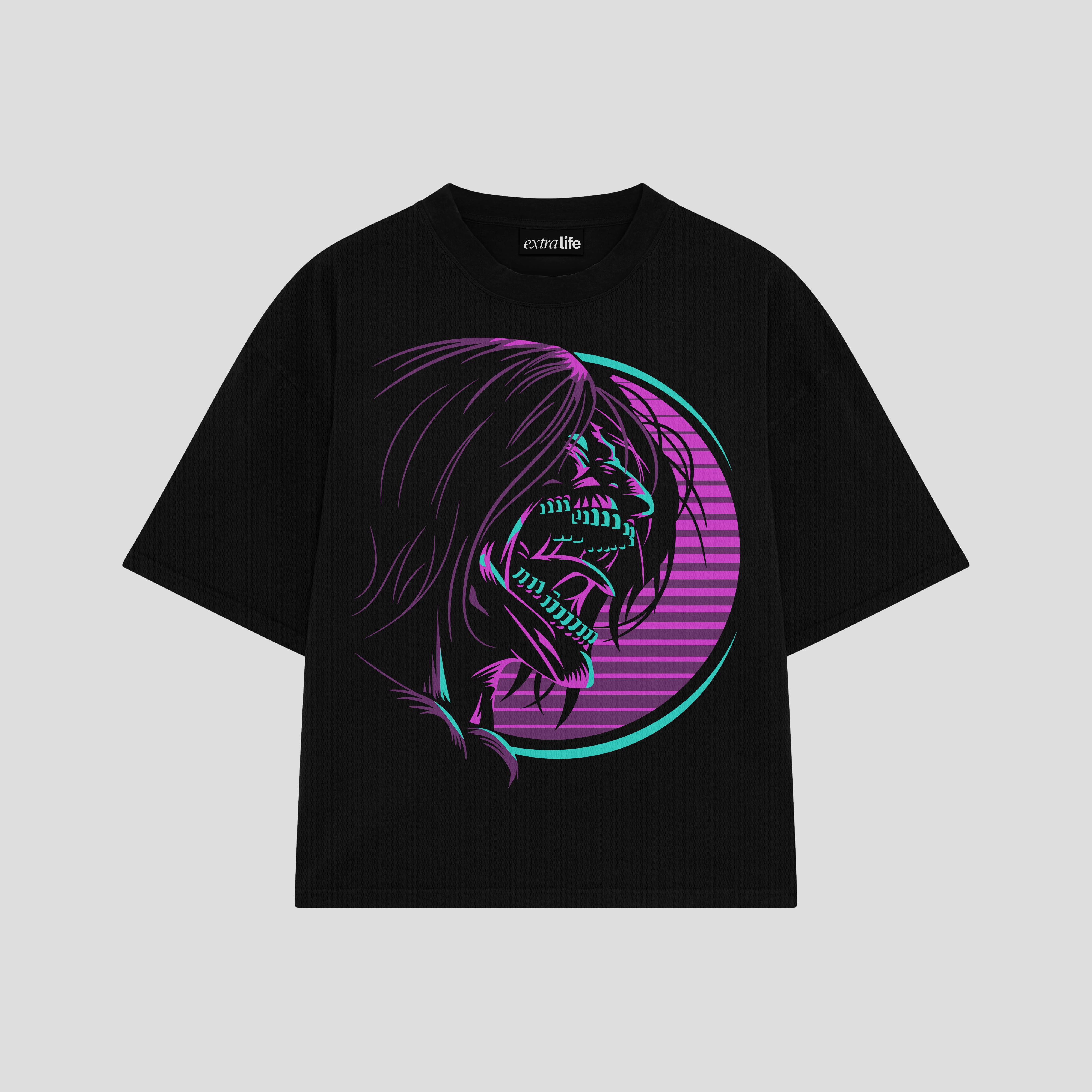 Playera streetwear premium de anime y gaming ExtraLife MX, corte boxy oversized drop shoulder heavyweight en color Deep Black y Off-White, moda urbana mexicana de culto.