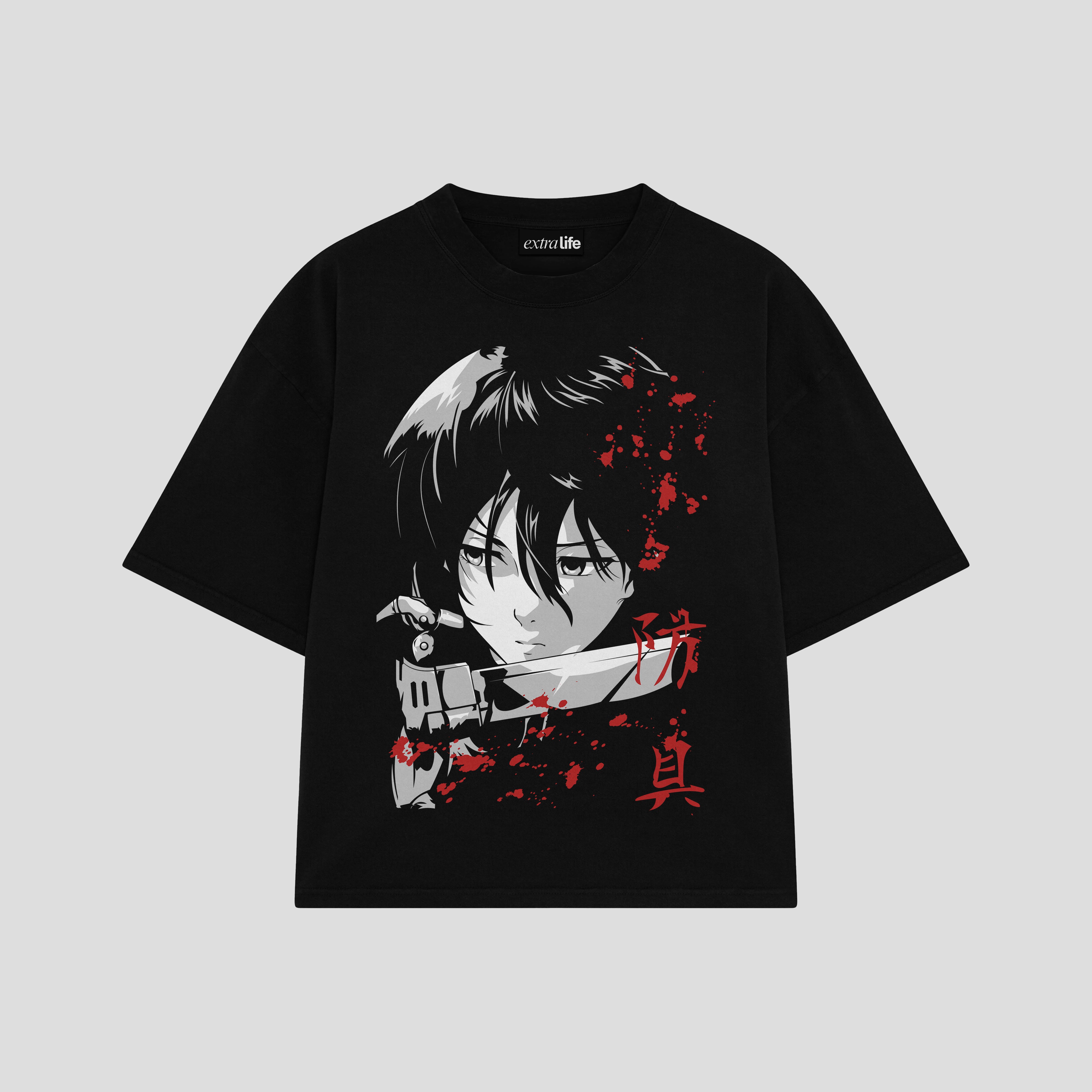 Playera streetwear premium de anime y gaming ExtraLife MX, corte boxy oversized drop shoulder heavyweight en color Deep Black y Off-White, moda urbana mexicana de culto.