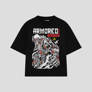 Playera streetwear premium de anime y gaming ExtraLife MX, corte boxy oversized drop shoulder heavyweight en color Deep Black y Off-White, moda urbana mexicana de culto.