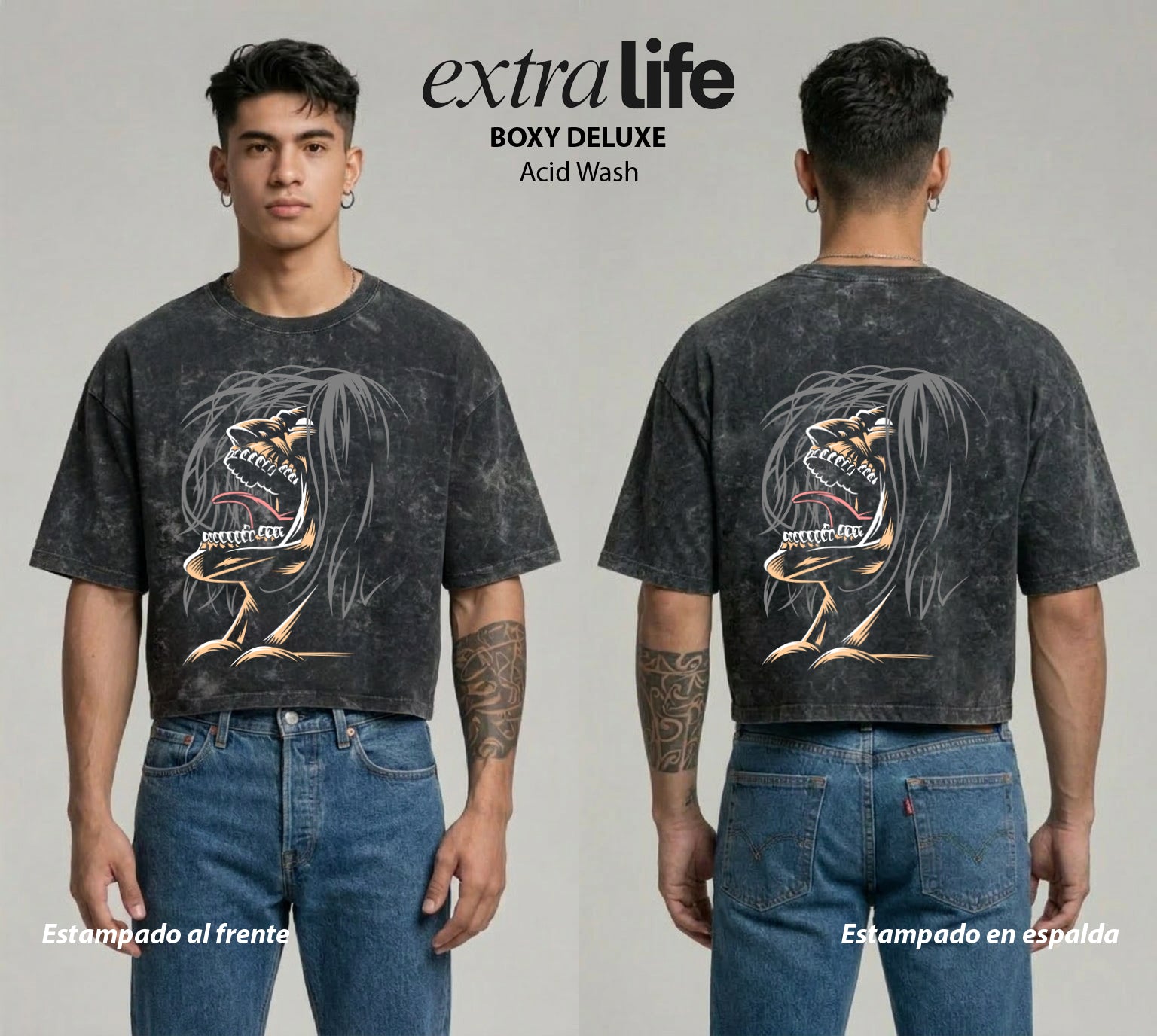 Playera streetwear premium de anime y gaming ExtraLife MX, corte boxy deluxe mineral wash heavyweight en color Acid Wash, moda urbana mexicana de culto.