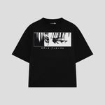 Playera streetwear premium de anime y gaming ExtraLife MX, corte boxy oversized drop shoulder heavyweight en color Deep Black y Off-White, moda urbana mexicana de culto.