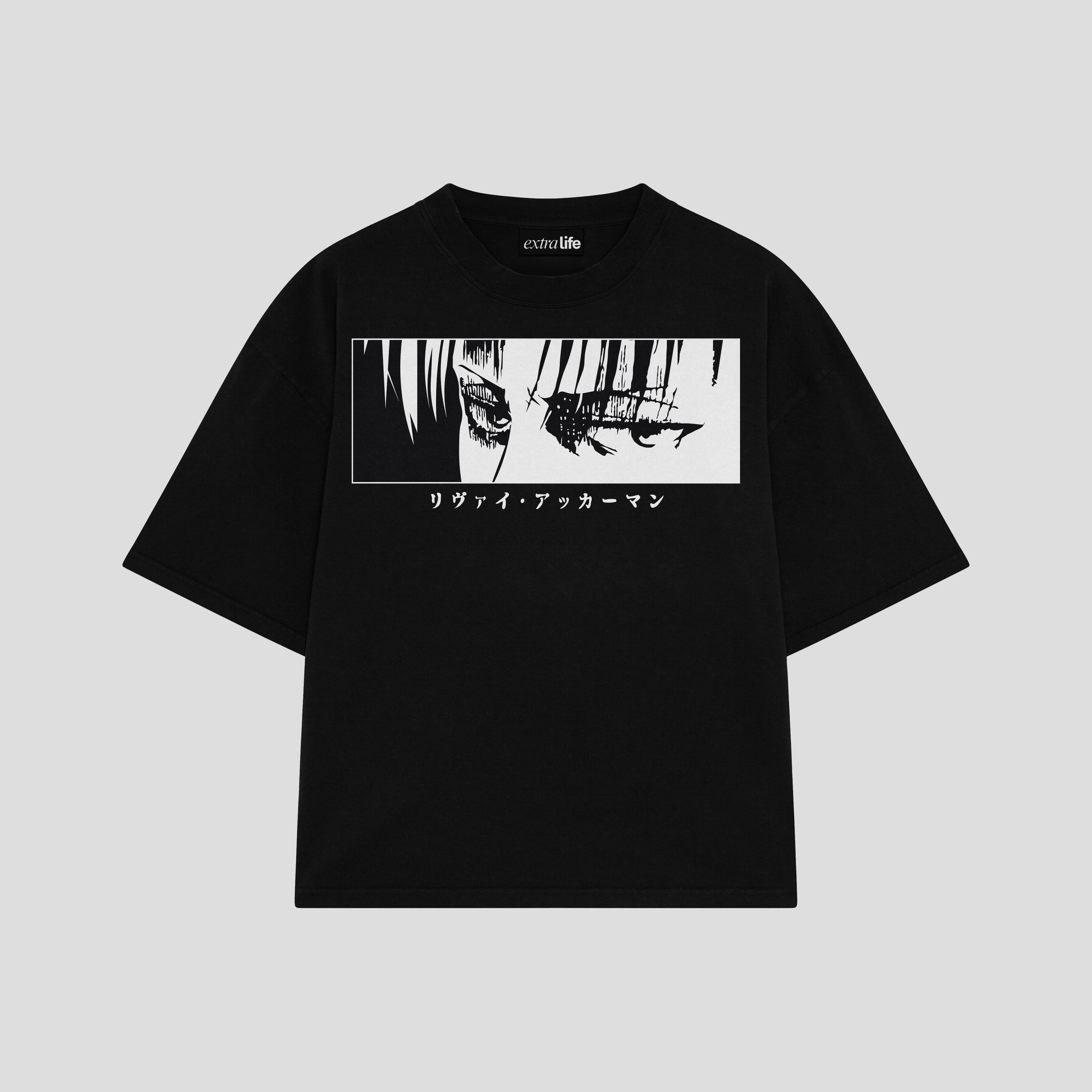 Playera streetwear premium de anime y gaming ExtraLife MX, corte boxy oversized drop shoulder heavyweight en color Deep Black y Off-White, moda urbana mexicana de culto.