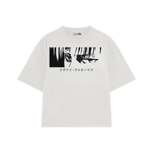 Playera streetwear premium de anime y gaming ExtraLife MX, corte boxy oversized drop shoulder heavyweight en color Deep Black y Off-White, moda urbana mexicana de culto.