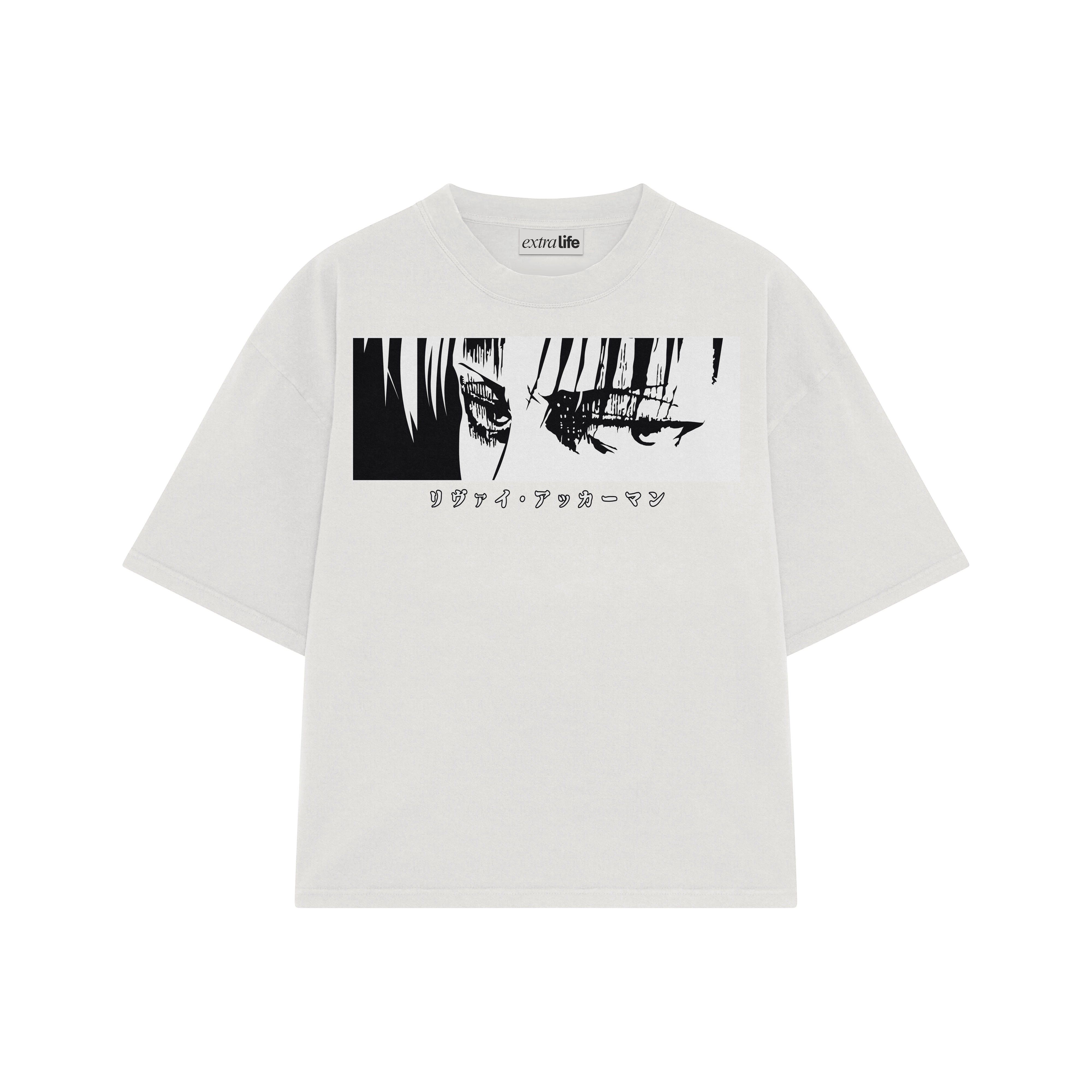 Playera streetwear premium de anime y gaming ExtraLife MX, corte boxy oversized drop shoulder heavyweight en color Deep Black y Off-White, moda urbana mexicana de culto.