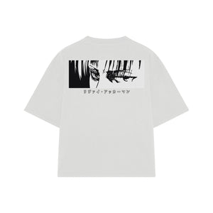 Playera streetwear premium de anime y gaming ExtraLife MX, corte boxy oversized drop shoulder heavyweight en color Deep Black y Off-White, moda urbana mexicana de culto.