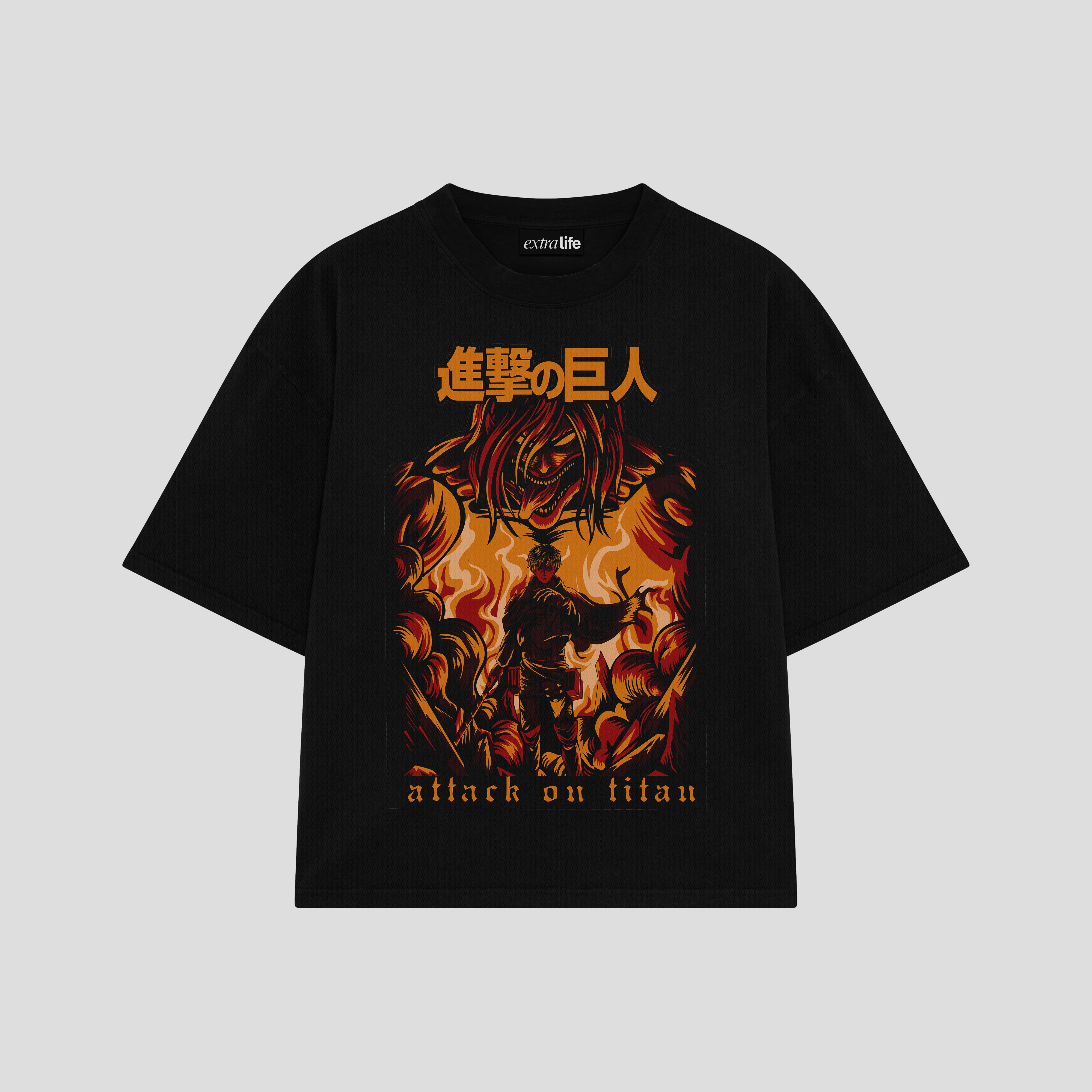 Playera streetwear premium de anime y gaming ExtraLife MX, corte boxy oversized drop shoulder heavyweight en color Deep Black y Off-White, moda urbana mexicana de culto.