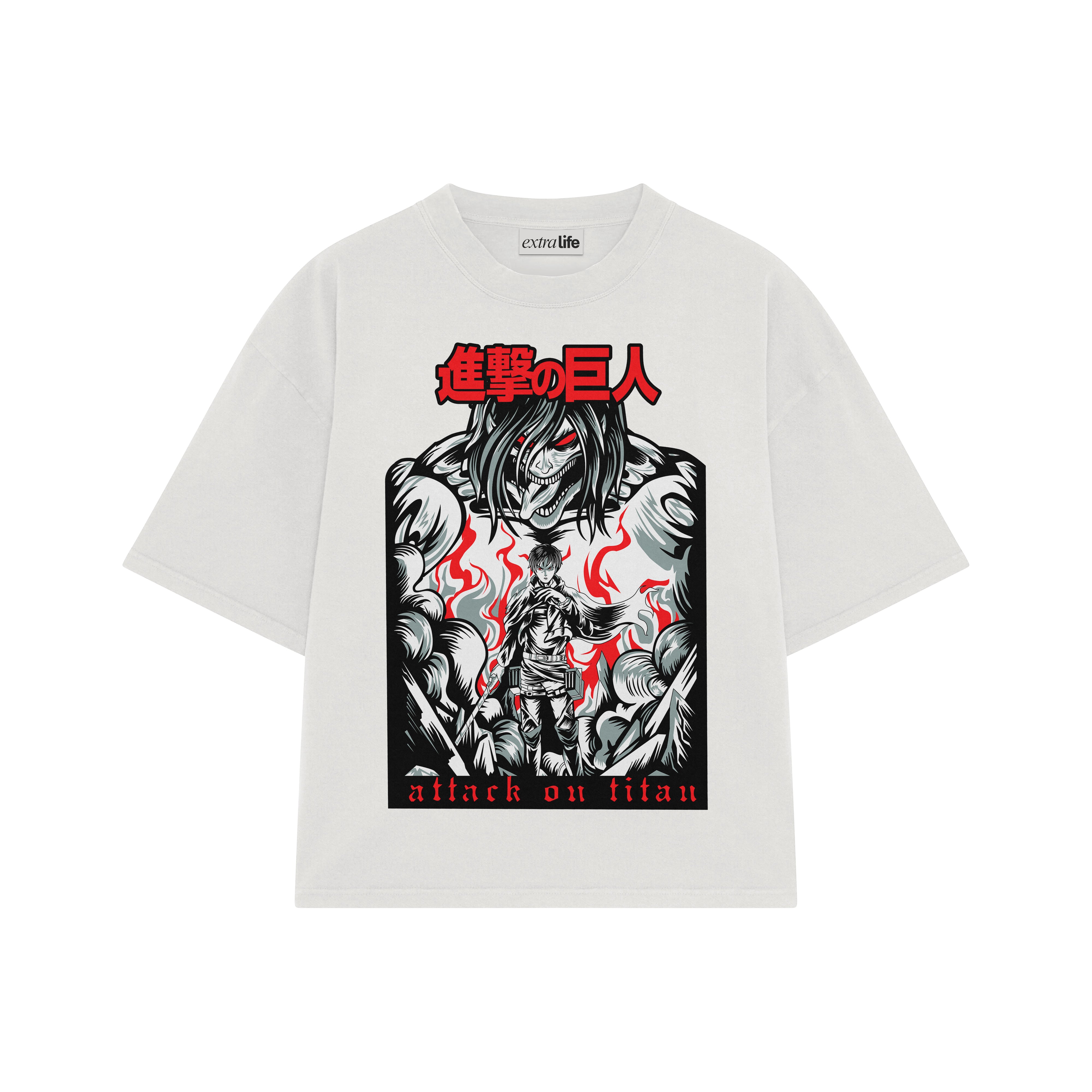 Playera streetwear premium de anime y gaming ExtraLife MX, corte boxy oversized drop shoulder heavyweight en color Deep Black y Off-White, moda urbana mexicana de culto.