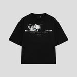 Playera streetwear premium de anime y gaming ExtraLife MX, corte boxy oversized drop shoulder heavyweight en color Deep Black y Off-White, moda urbana mexicana de culto.