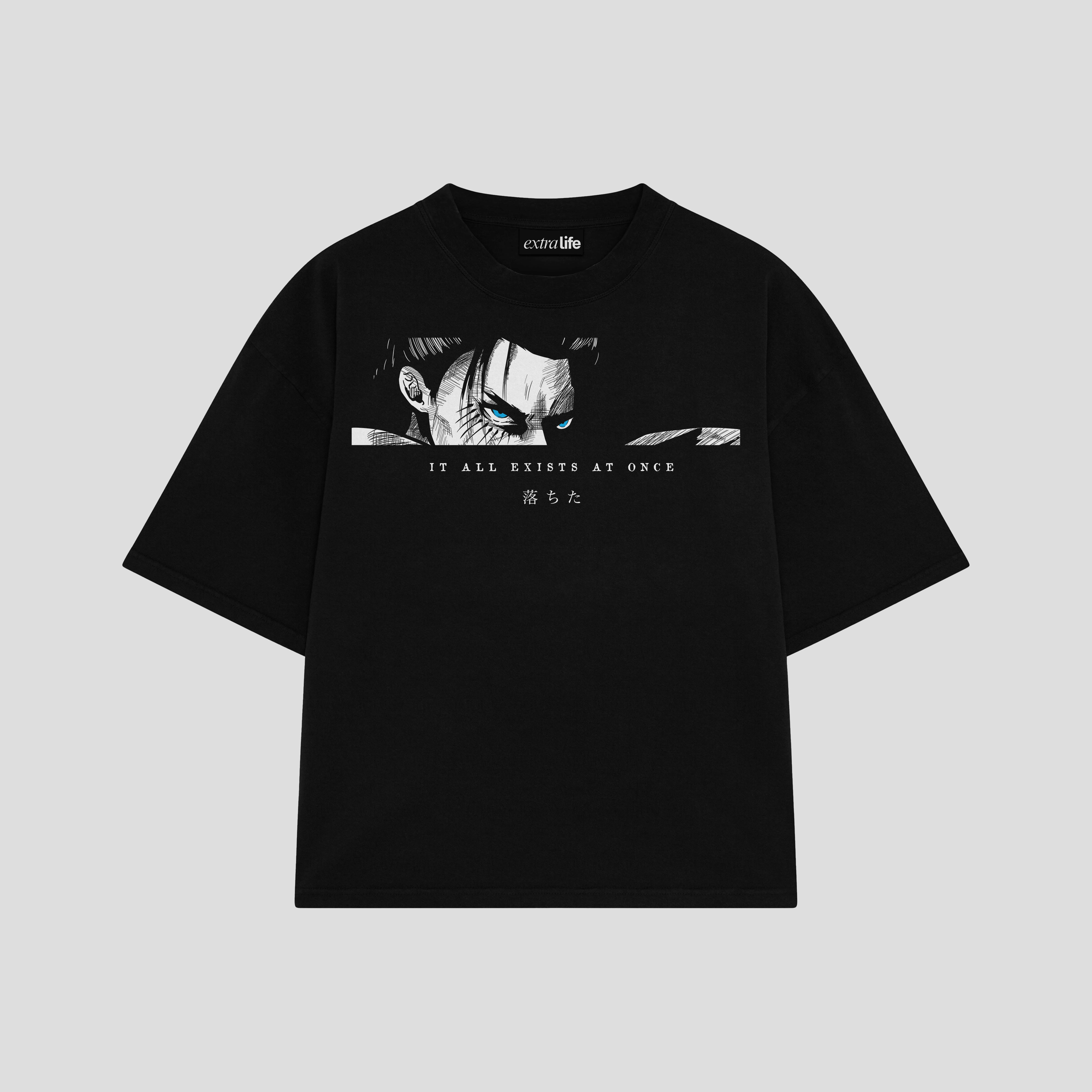 Playera streetwear premium de anime y gaming ExtraLife MX, corte boxy oversized drop shoulder heavyweight en color Deep Black y Off-White, moda urbana mexicana de culto.