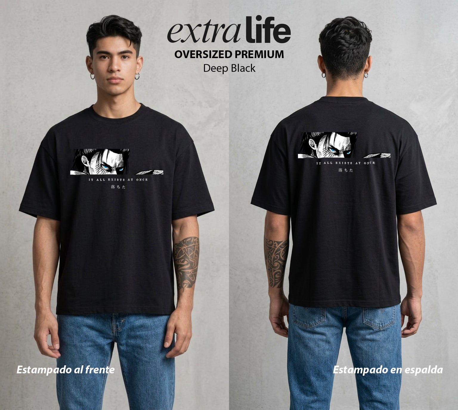 Mas Alla del Muro | Attack On Titan Eren Fallen #04847 - Playera Oversized Premium | Deep Black - Foto en modelo