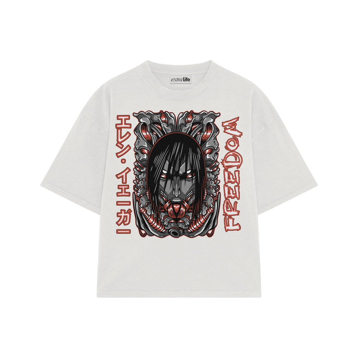 Playera streetwear premium de anime y gaming ExtraLife MX, corte oversized drop shoulder ligero y fresco en color Deep Black y Off-White, moda urbana mexicana de culto.
