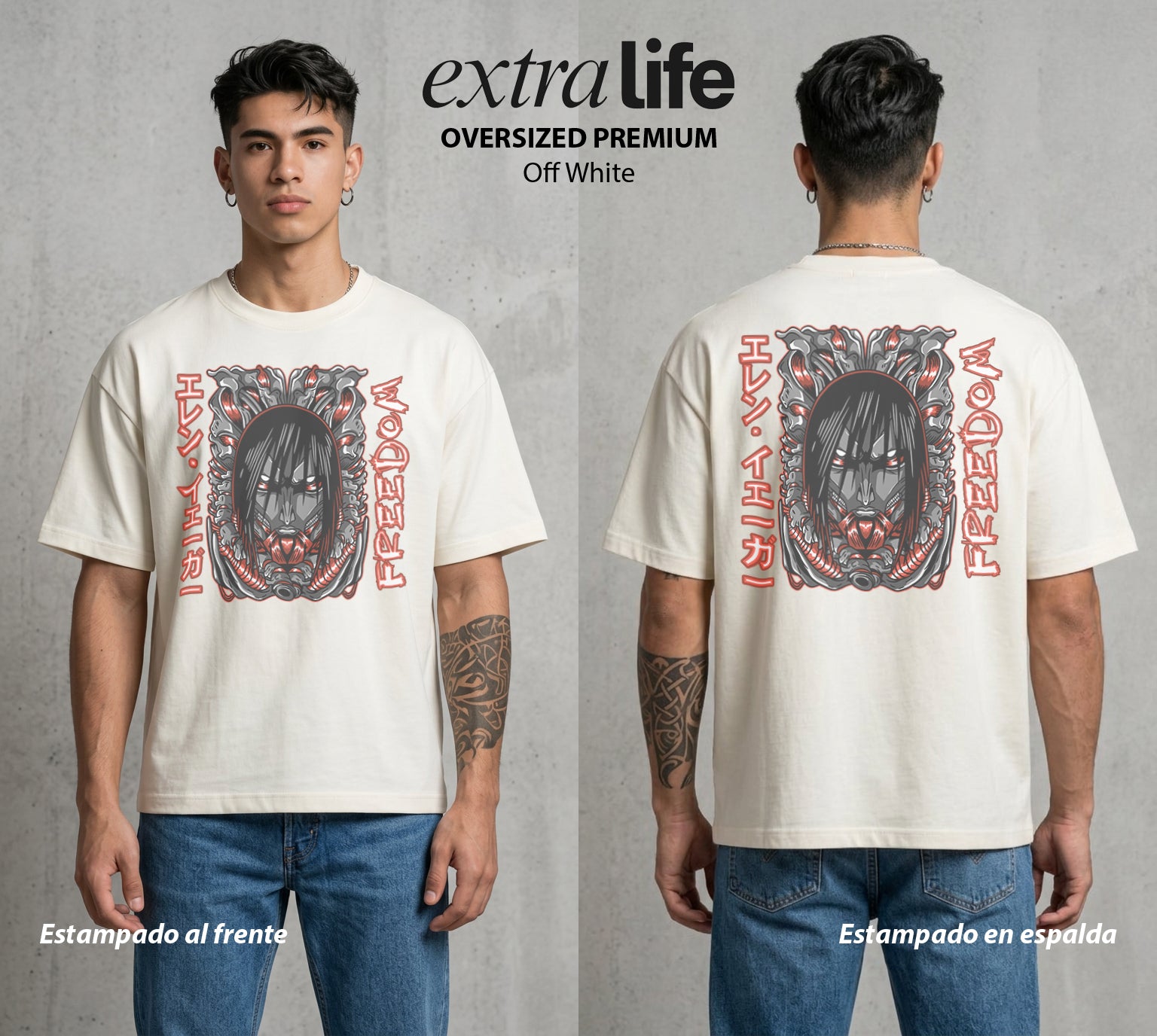 Mas Alla del Muro | Attack On Titan Eren Jaeger Colosal #04851 - Playera Oversized Premium | Off White - Foto en modelo