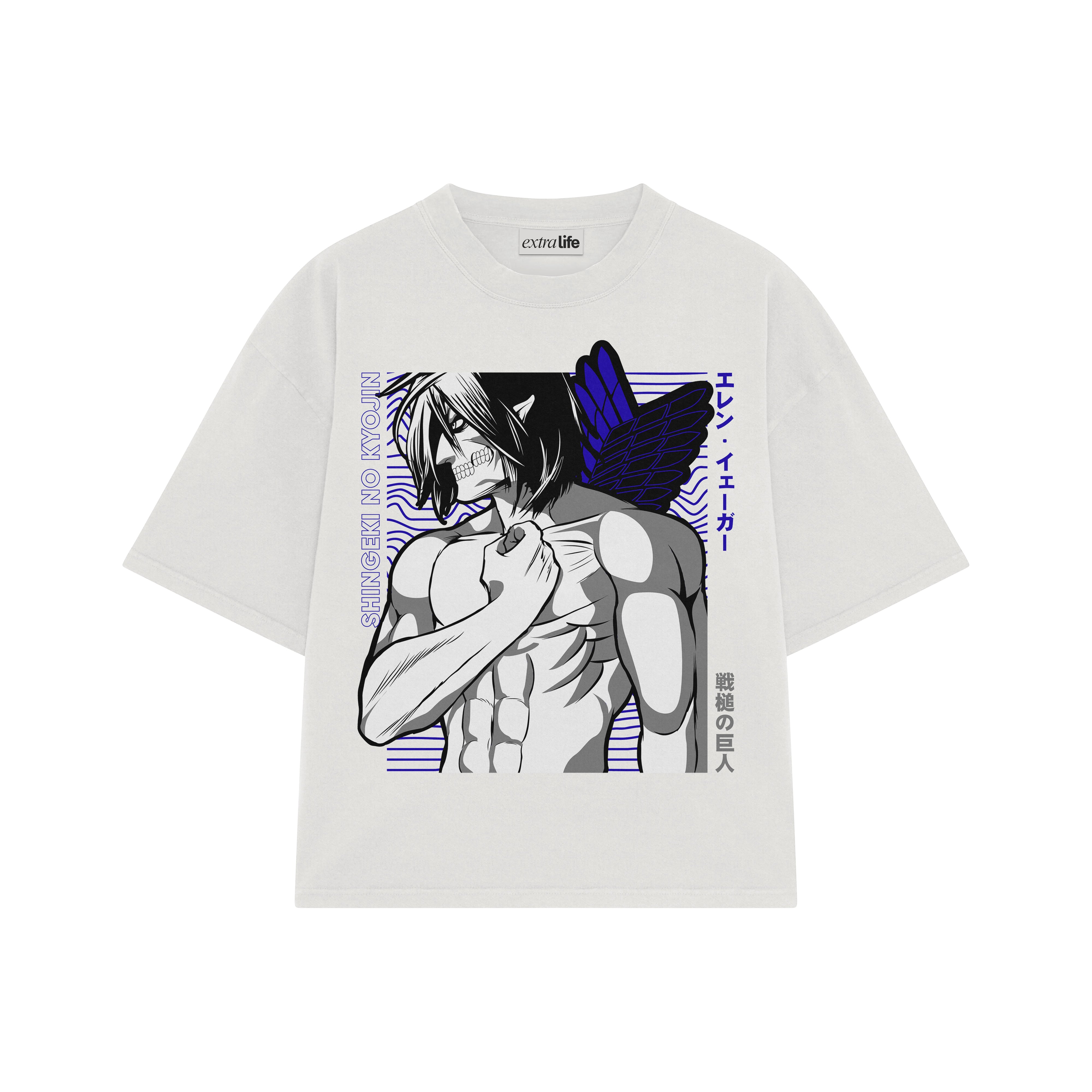 Playera streetwear premium de anime y gaming ExtraLife MX, corte boxy oversized drop shoulder heavyweight en color Deep Black y Off-White, moda urbana mexicana de culto.