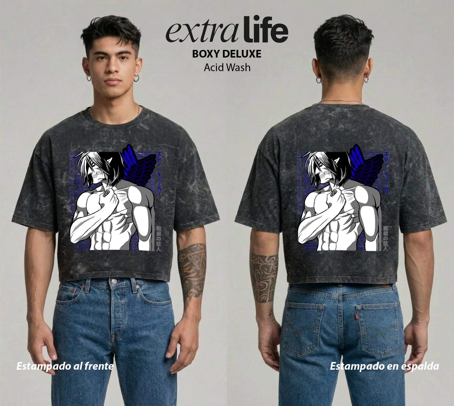 Playera streetwear premium de anime y gaming ExtraLife MX, corte boxy deluxe mineral wash heavyweight en color Acid Wash, moda urbana mexicana de culto.