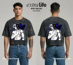 Playera streetwear premium de anime y gaming ExtraLife MX, corte boxy deluxe mineral wash heavyweight en color Acid Wash, moda urbana mexicana de culto.