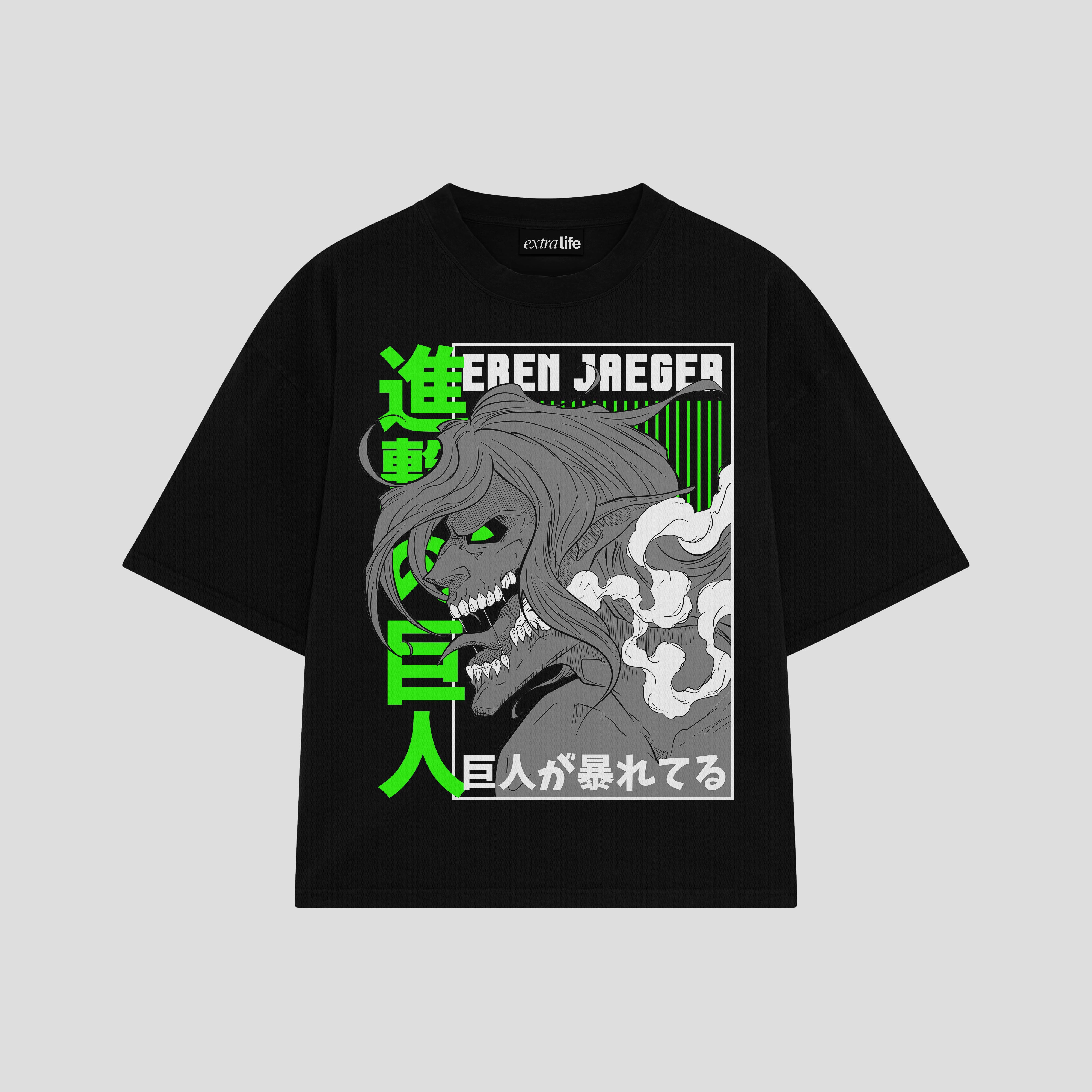 Playera streetwear premium de anime y gaming ExtraLife MX, corte boxy oversized drop shoulder heavyweight en color Deep Black y Off-White, moda urbana mexicana de culto.