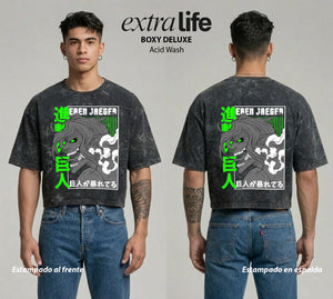 Playera streetwear premium de anime y gaming ExtraLife MX, corte boxy deluxe mineral wash heavyweight en color Acid Wash, moda urbana mexicana de culto.