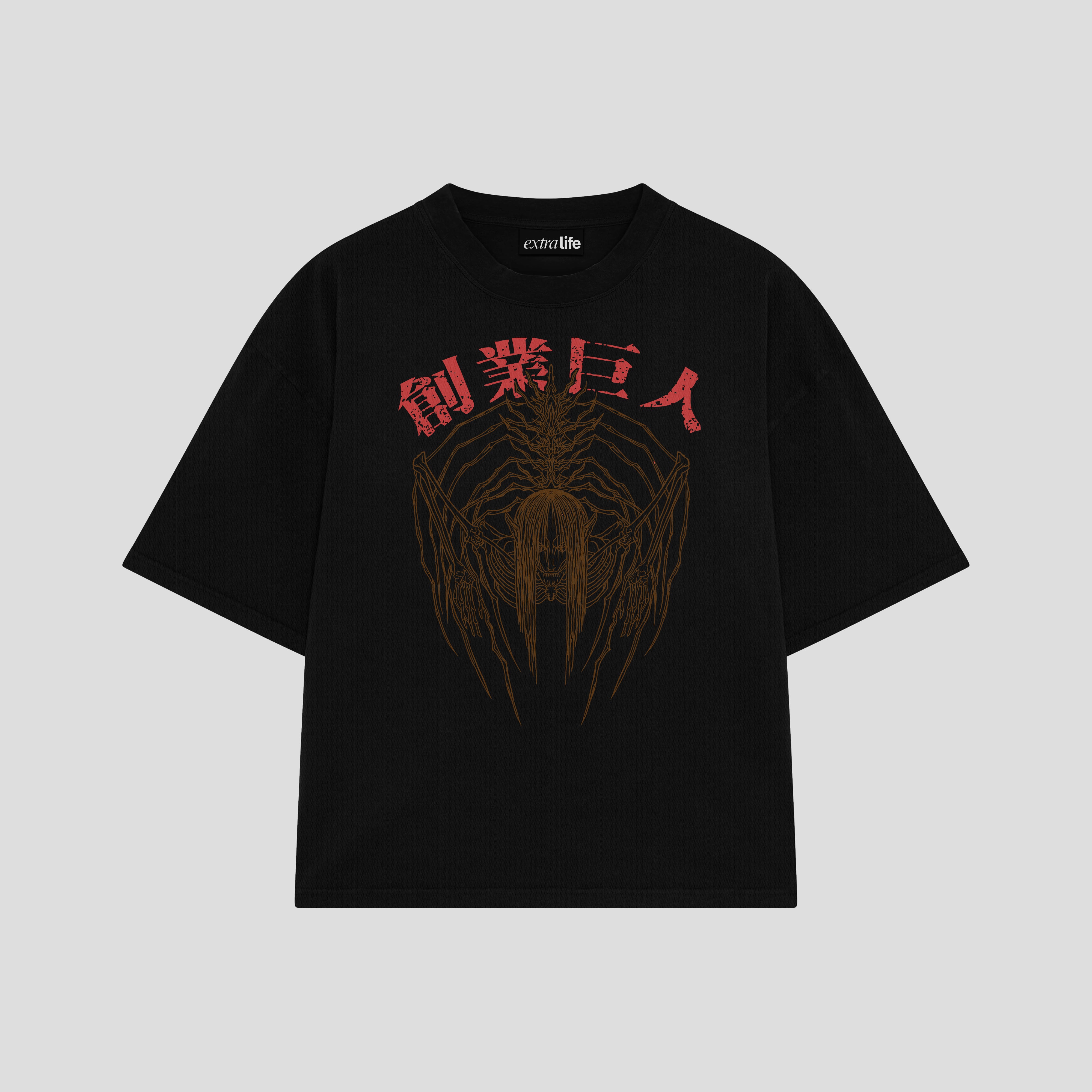 Playera streetwear premium de anime y gaming ExtraLife MX, corte boxy oversized drop shoulder heavyweight en color Deep Black y Off-White, moda urbana mexicana de culto.