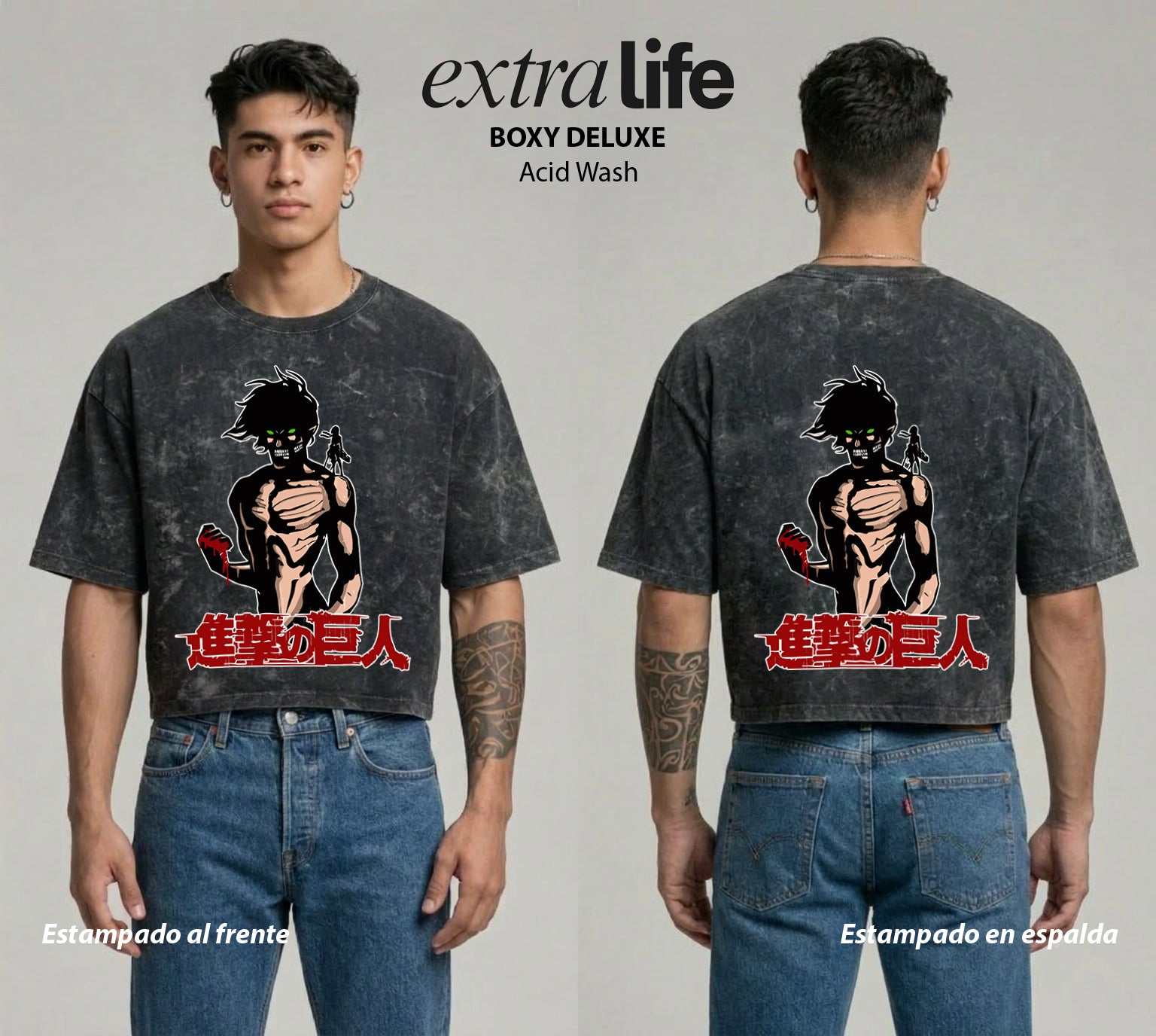Playera streetwear premium de anime y gaming ExtraLife MX, corte boxy deluxe mineral wash heavyweight en color Acid Wash, moda urbana mexicana de culto.
