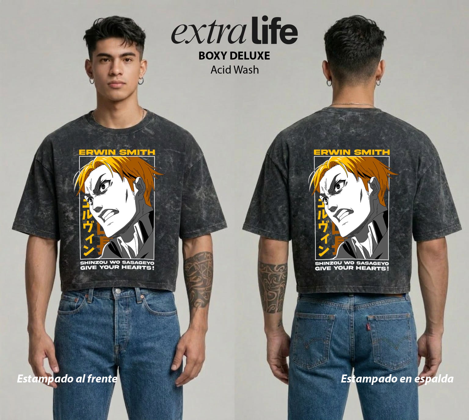 Playera streetwear premium de anime y gaming ExtraLife MX, corte boxy deluxe mineral wash heavyweight en color Acid Wash, moda urbana mexicana de culto.