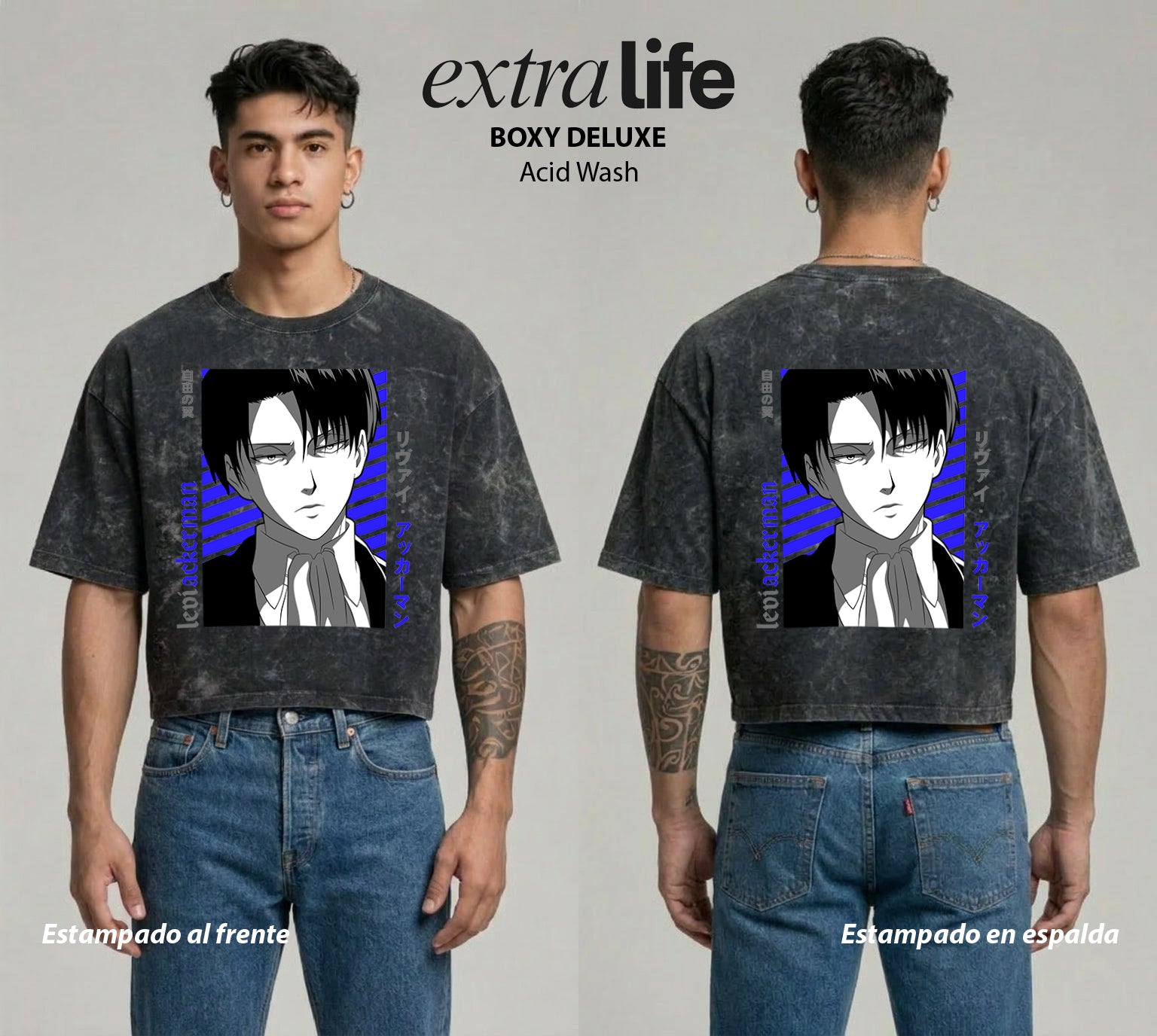 Playera streetwear premium de anime y gaming ExtraLife MX, corte boxy deluxe mineral wash heavyweight en color Acid Wash, moda urbana mexicana de culto.