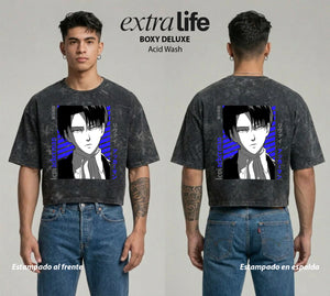 Playera streetwear premium de anime y gaming ExtraLife MX, corte boxy deluxe mineral wash heavyweight en color Acid Wash, moda urbana mexicana de culto.