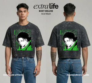 Playera streetwear premium de anime y gaming ExtraLife MX, corte boxy deluxe mineral wash heavyweight en color Acid Wash, moda urbana mexicana de culto.