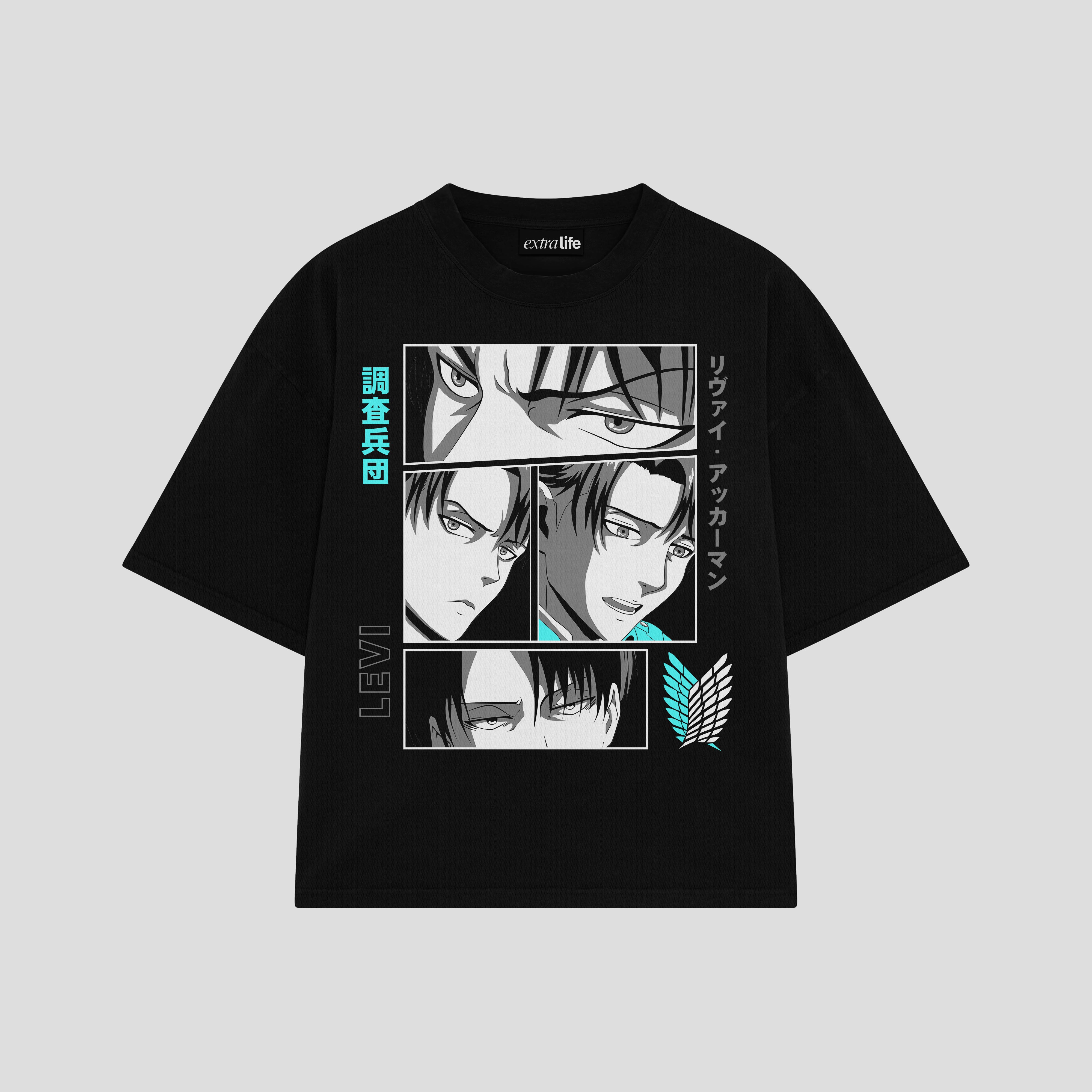 Playera streetwear premium de anime y gaming ExtraLife MX, corte boxy oversized drop shoulder heavyweight en color Deep Black y Off-White, moda urbana mexicana de culto.