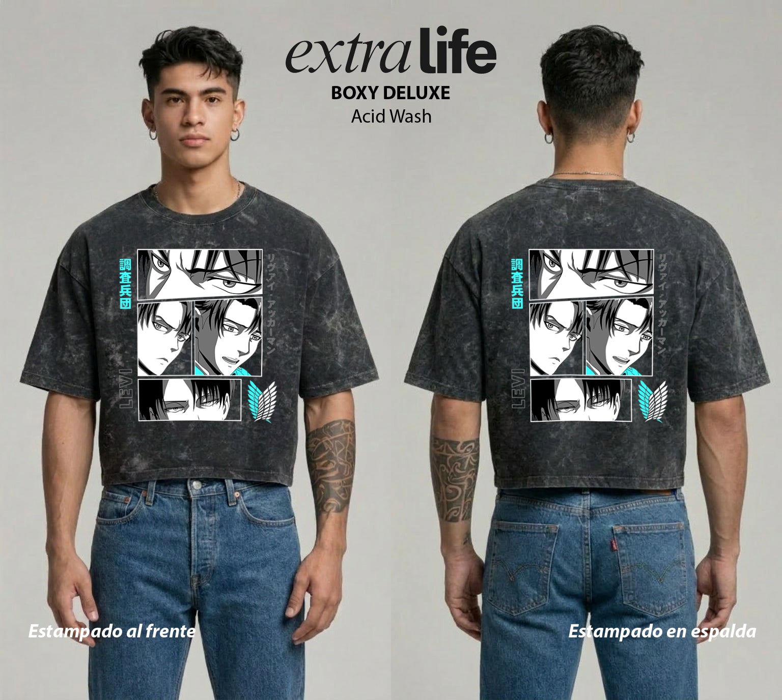 Playera streetwear premium de anime y gaming ExtraLife MX, corte boxy deluxe mineral wash heavyweight en color Acid Wash, moda urbana mexicana de culto.