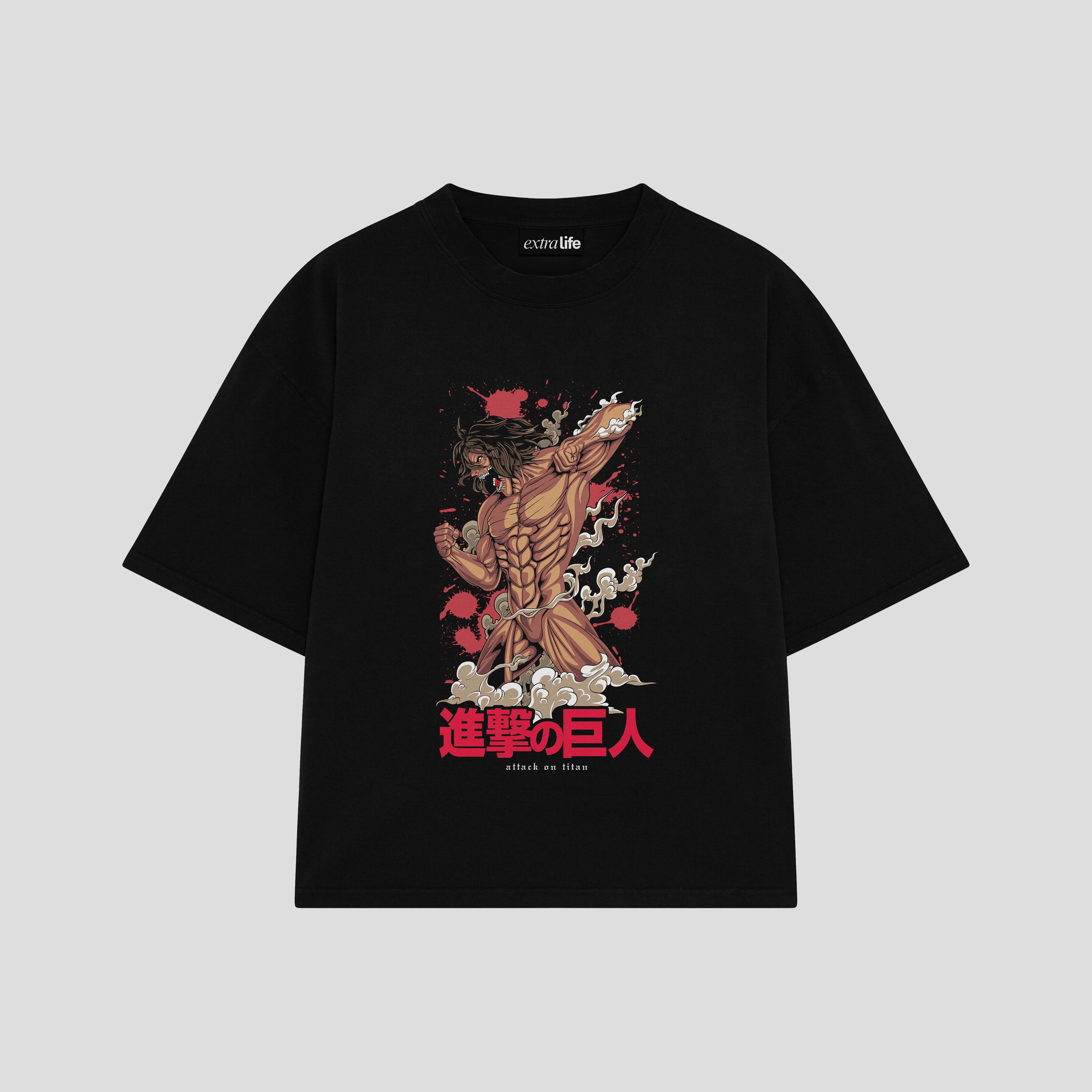 Playera streetwear premium de anime y gaming ExtraLife MX, corte boxy oversized drop shoulder heavyweight en color Deep Black y Off-White, moda urbana mexicana de culto.