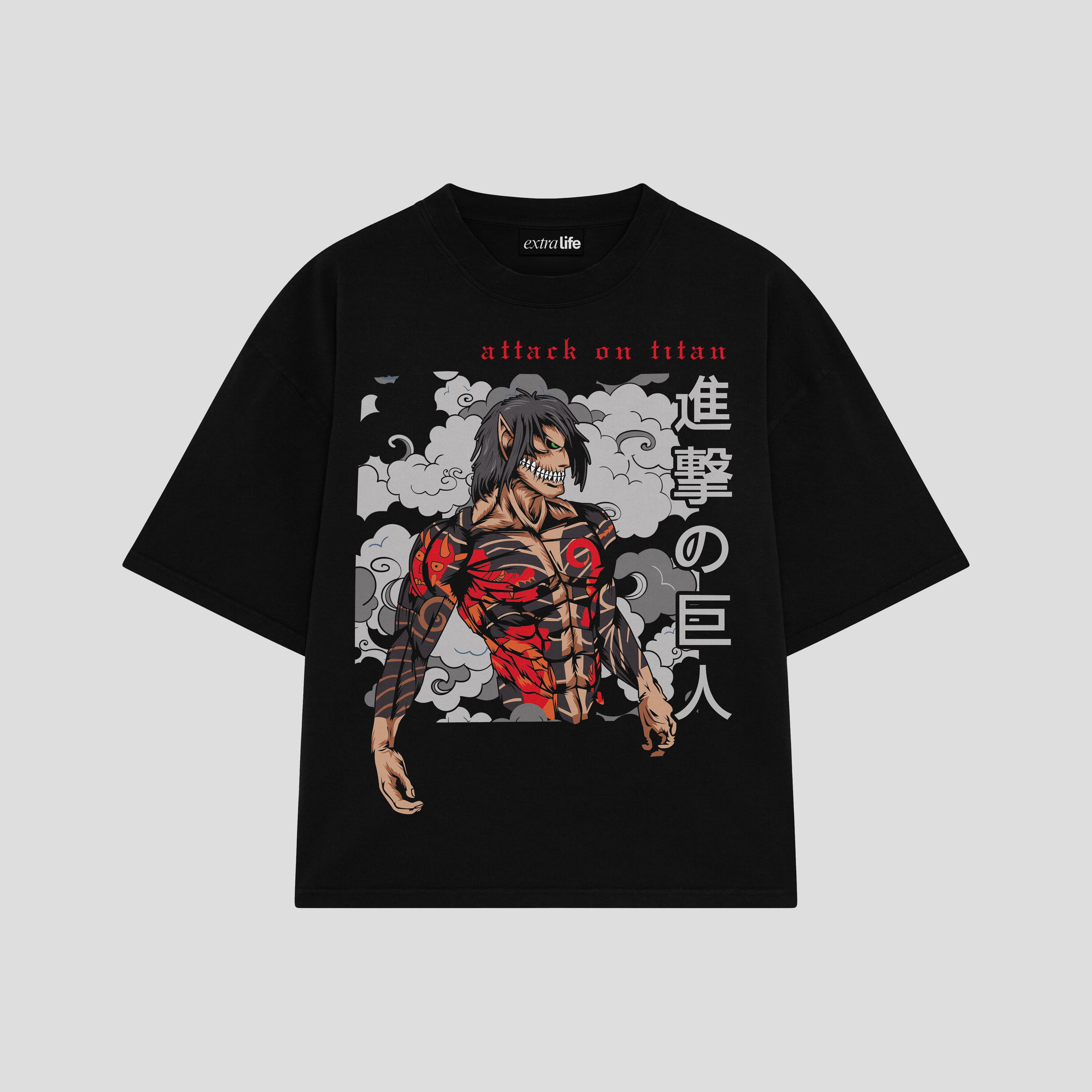 Playera streetwear premium de anime y gaming ExtraLife MX, corte boxy oversized drop shoulder heavyweight en color Deep Black y Off-White, moda urbana mexicana de culto.