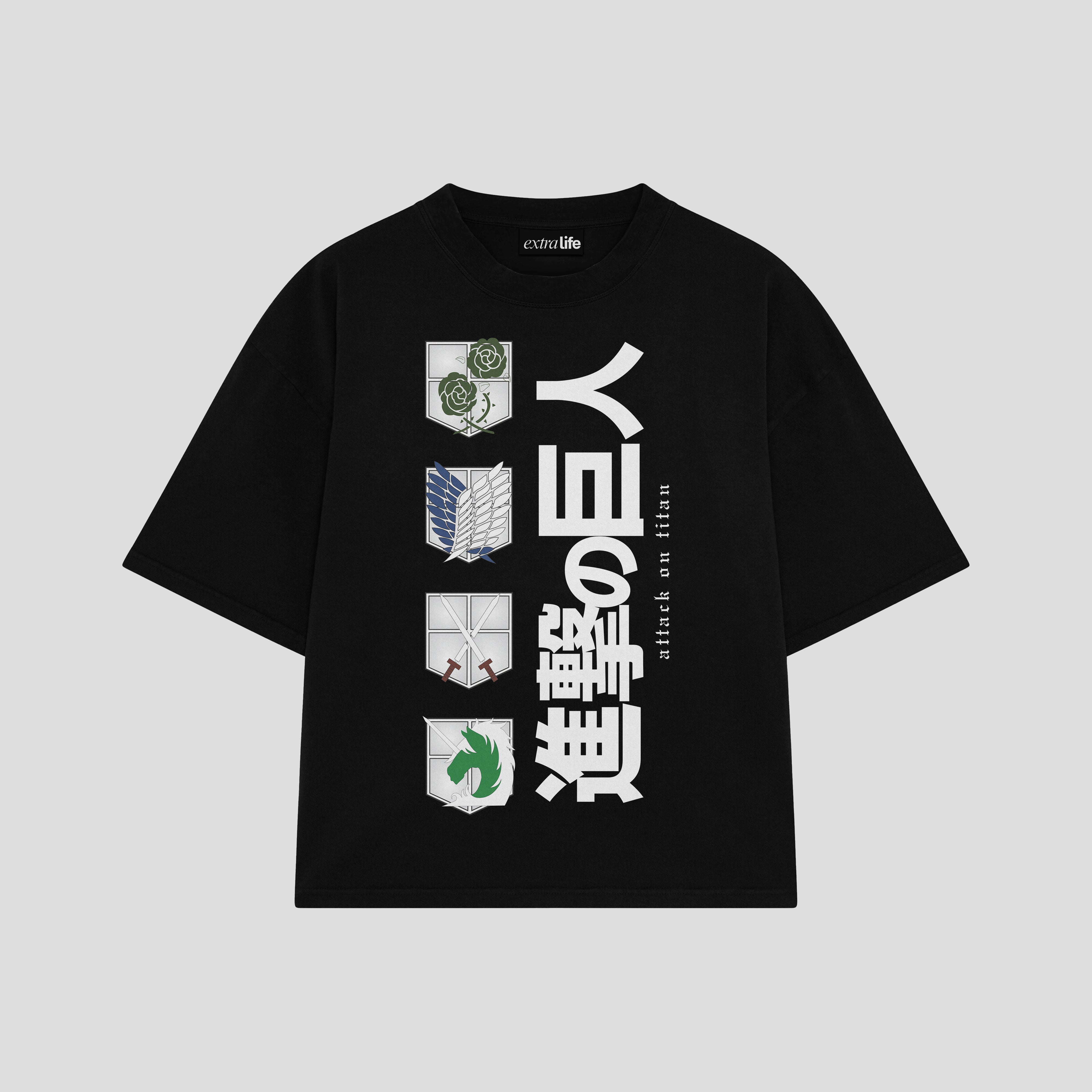 Playera streetwear premium de anime y gaming ExtraLife MX, corte boxy oversized drop shoulder heavyweight en color Deep Black y Off-White, moda urbana mexicana de culto.