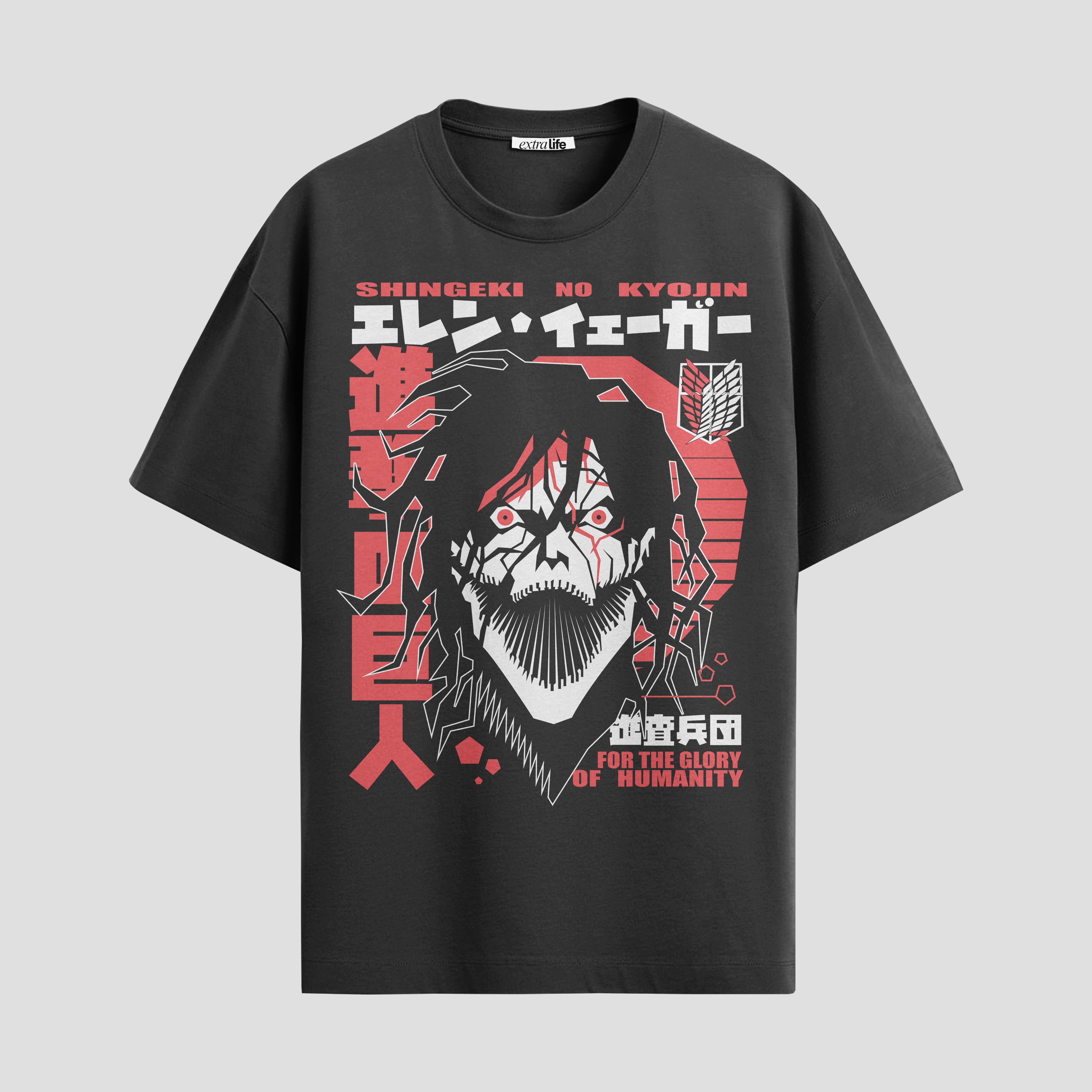 Playera urbana de anime y gaming ExtraLife MX, corte Standard Fit unisex ligero y transpirable en color Deep Black y Pure White, ropa de uso diario para gym y casual.