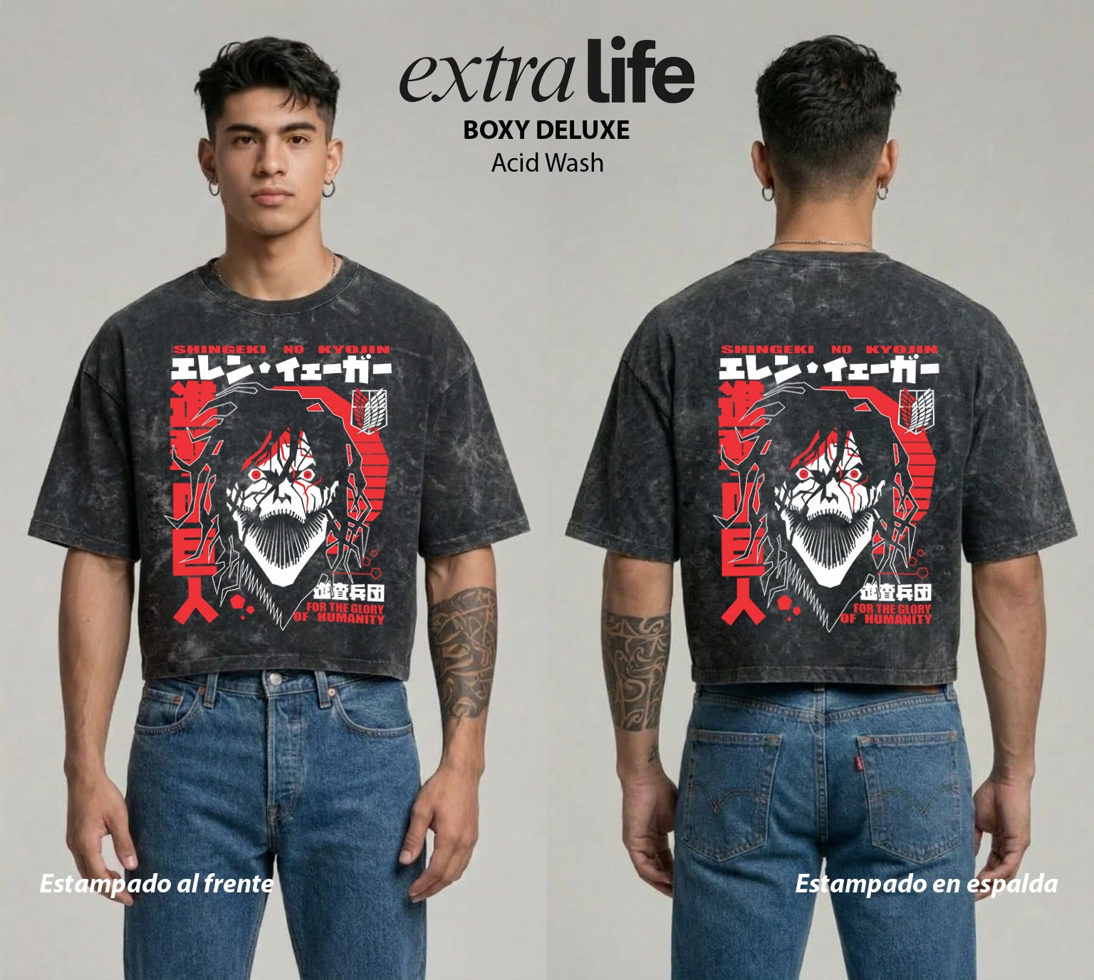 Playera streetwear premium de anime y gaming ExtraLife MX, corte boxy deluxe mineral wash heavyweight en color Acid Wash, moda urbana mexicana de culto.