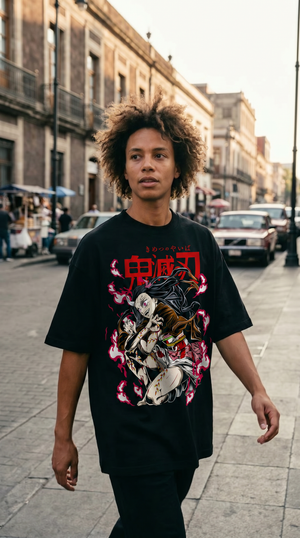 Playera streetwear premium de anime y gaming ExtraLife MX, corte boxy oversized drop shoulder heavyweight en color Deep Black y Off-White, moda urbana mexicana de culto.