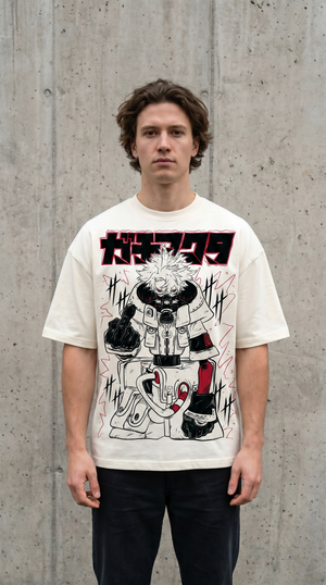 Playera streetwear premium de anime y gaming ExtraLife MX, corte boxy oversized drop shoulder heavyweight en color Deep Black y Off-White, moda urbana mexicana de culto.