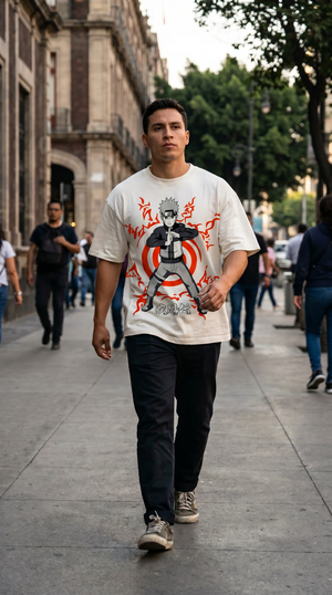 Playera streetwear premium de anime y gaming ExtraLife MX, corte boxy oversized drop shoulder heavyweight en color Deep Black y Off-White, moda urbana mexicana de culto.